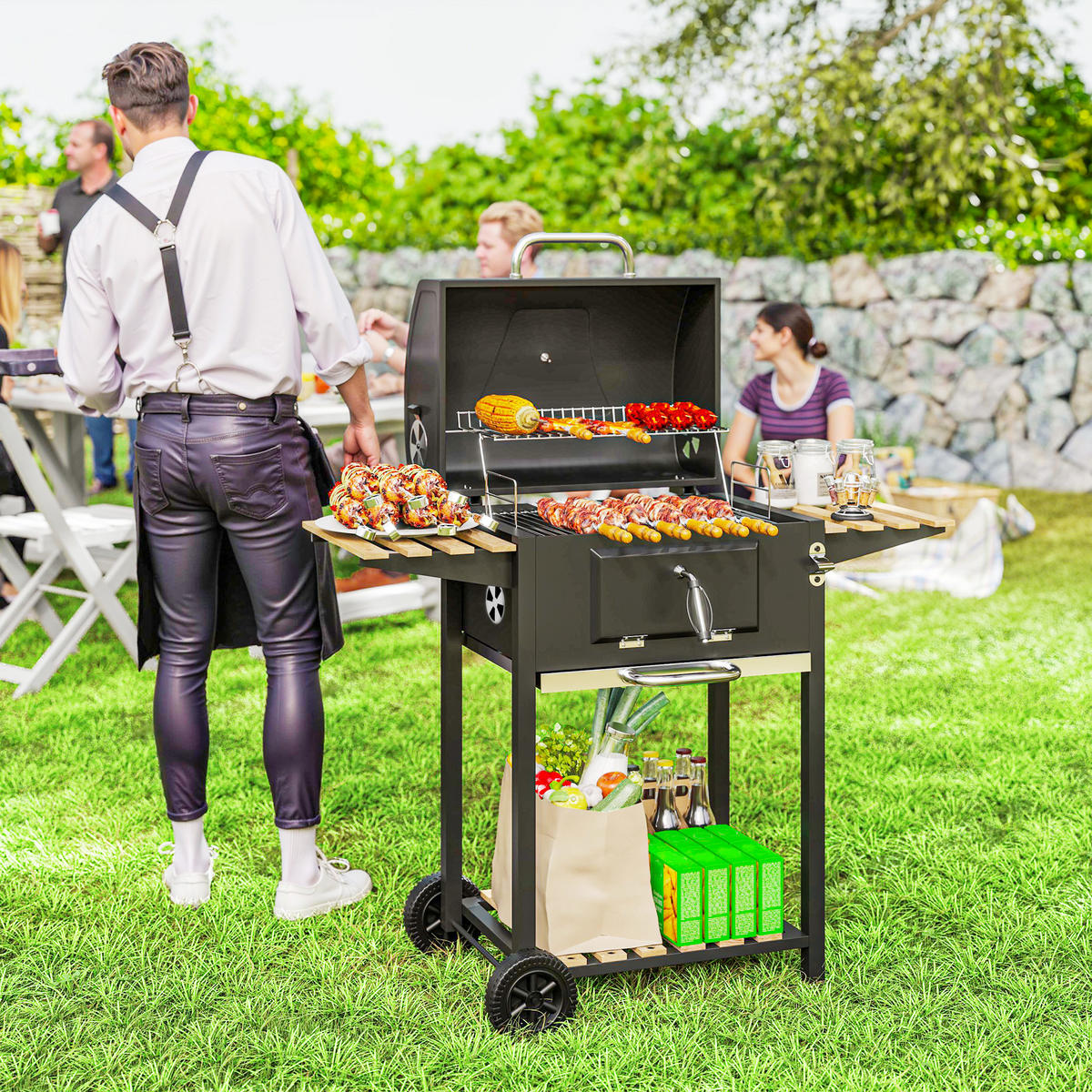 HOLZKOHLEGRILL DE-10325 höhenverstellbare Kohlenpfanne Schwarz - Schwarz, Metall (58/107/112cm) - ComfortXL