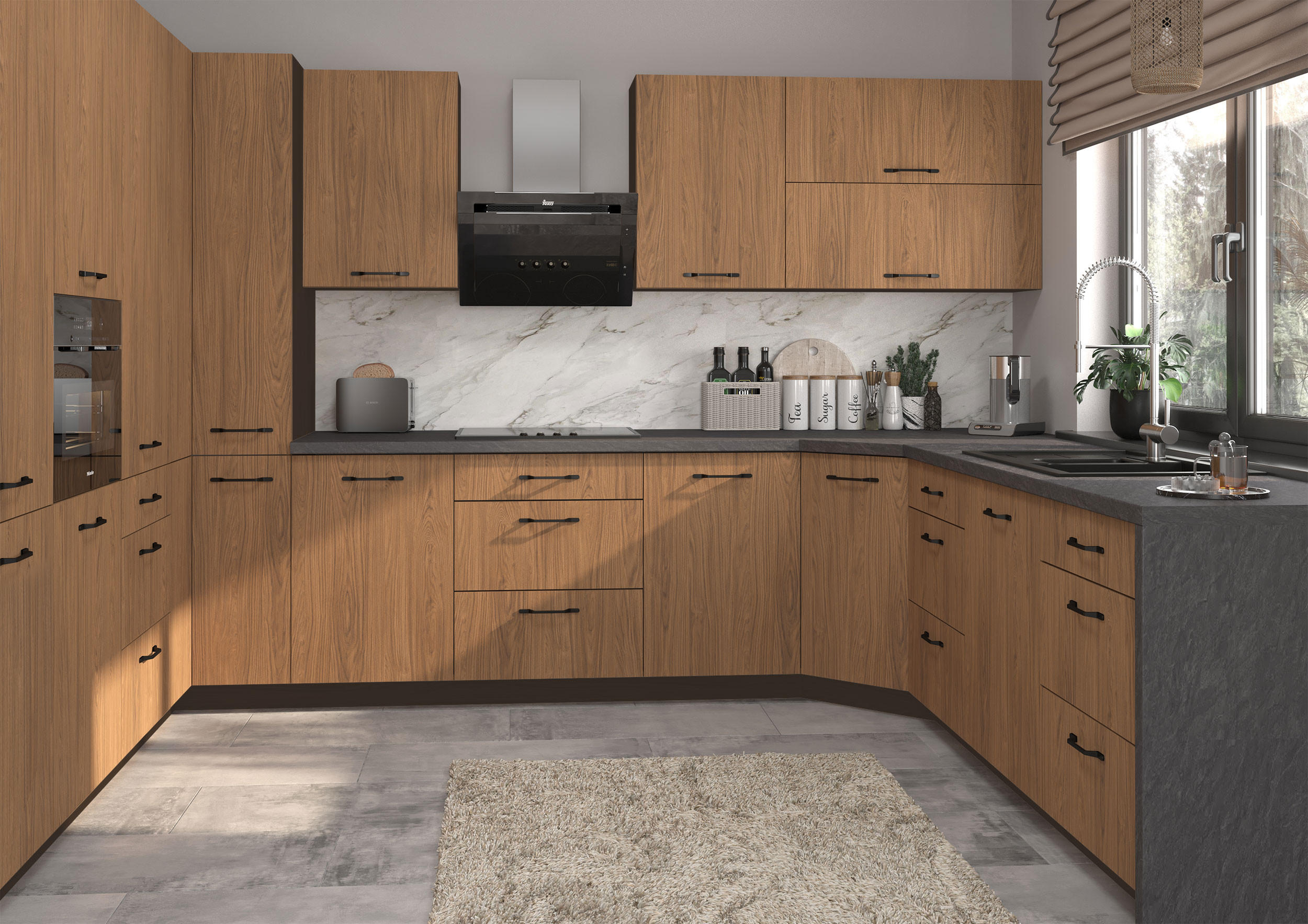 KÜCHENZEILE Casella 15-teilig Lava / Casella Eiche Natur braun - Dunkelgrau/Dunkelbraun, Holzwerkstoff/Metall (360/207/270cm) - Feldmann-Wohnen