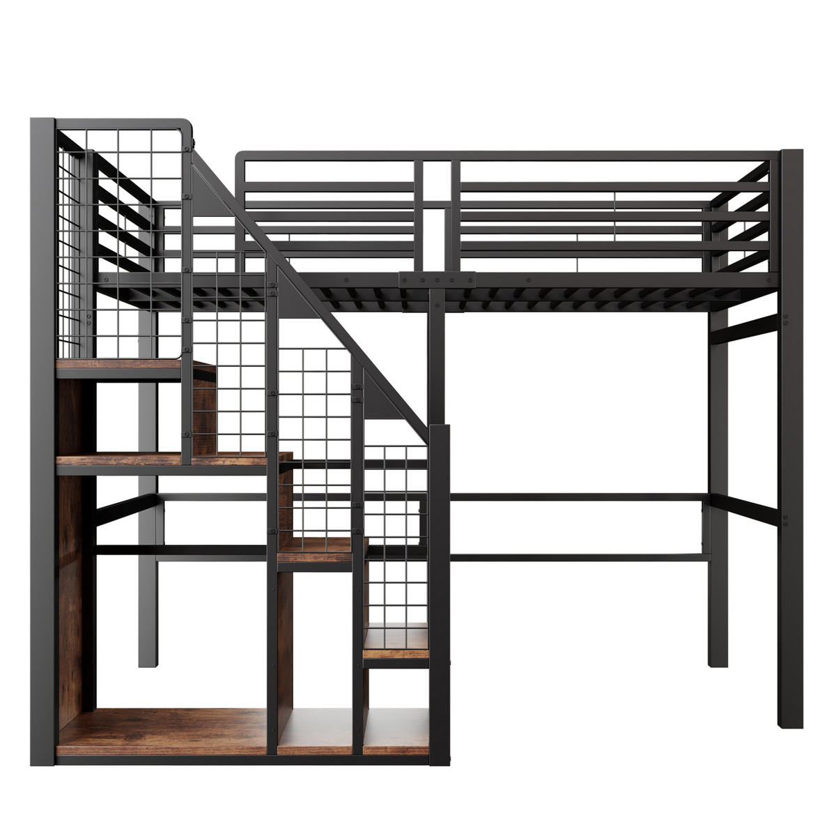 HOCHBETT aus Metall 90x200 cm in Schwarz mit Treppe & Stauraum - Schwarz, Metall (90/200cm) - Modfu