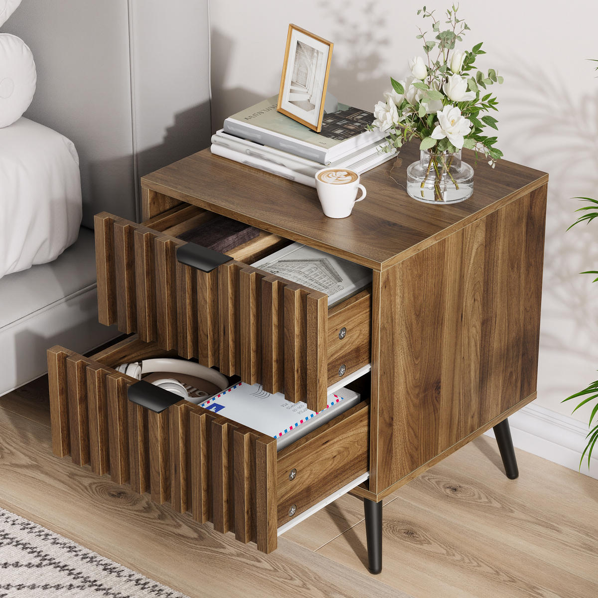 NACHTTISCH 45/40/53 cm walnussfarben aus MDF mit 2 Schubladen - Braun, Holzwerkstoff (40/53/45cm) - OKWISH