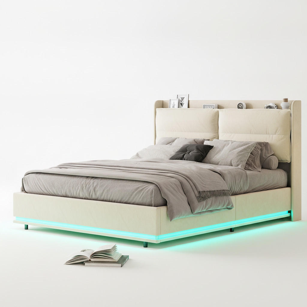 POLSTERBETT 140x200 cm Beige mit Stauraum, LED-Beleuchtung und Ladefunktion, Doppelbett mit Lattenrost - Beige/Naturfarben, Holz/Metall (140/200cm) - PARAFTA HOME