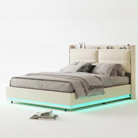 POLSTERBETT 140x200 cm Beige mit Stauraum, LED-Beleuchtung und Ladefunktion, Doppelbett mit Lattenrost - Beige/Naturfarben, Holz/Metall (140/200cm) - PARAFTA HOME