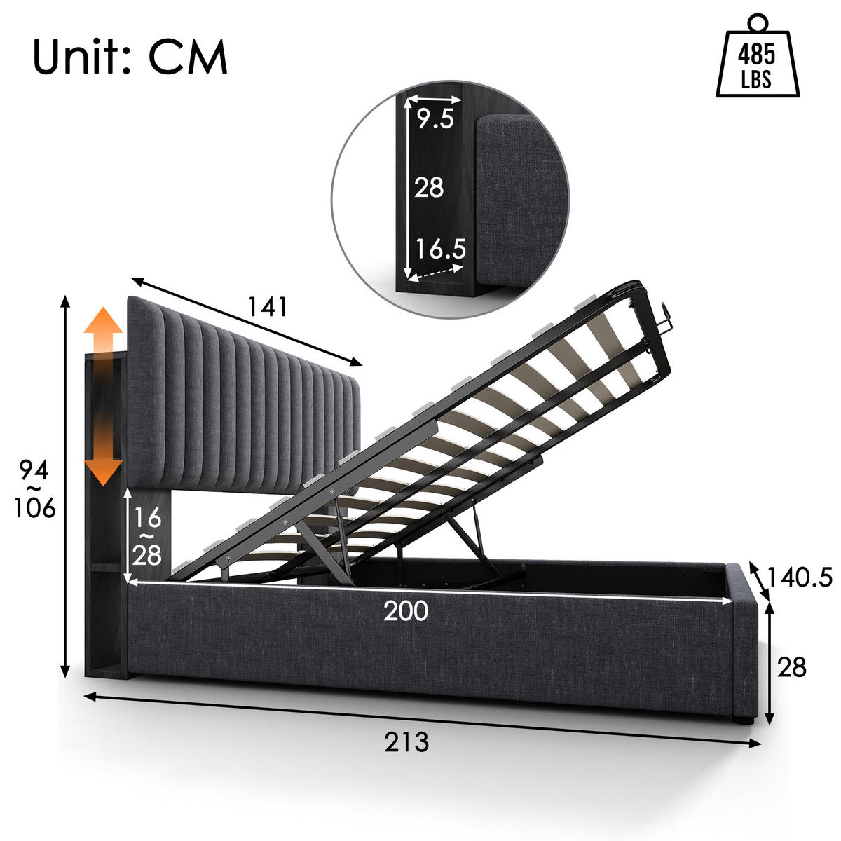 POLSTERBETT 140/200 cm Grau LED-App-Control mit Stauraum & verstellbarem Kopfteil - Grau, Textil (140/200cm) - OKWISH