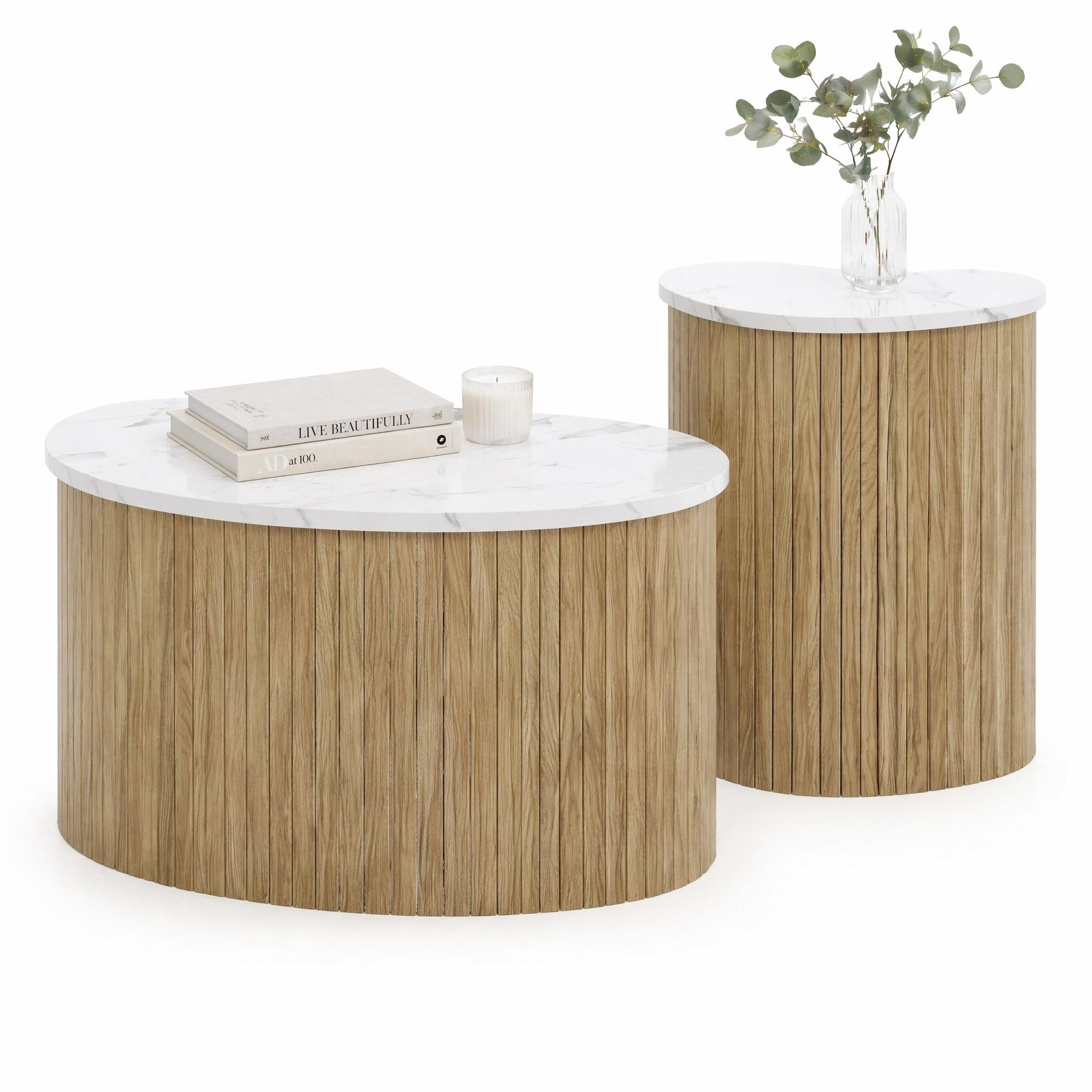 COUCHTISCH SET in Weiß und Naturfarben mit Marmormaserung und Holzoptik für Wohnzimmer, B60/T37/H38cm und B40/T25/H50cm - Weiß/Naturfarben, Holzwerkstoff (37/60/50cm) - STILVORA