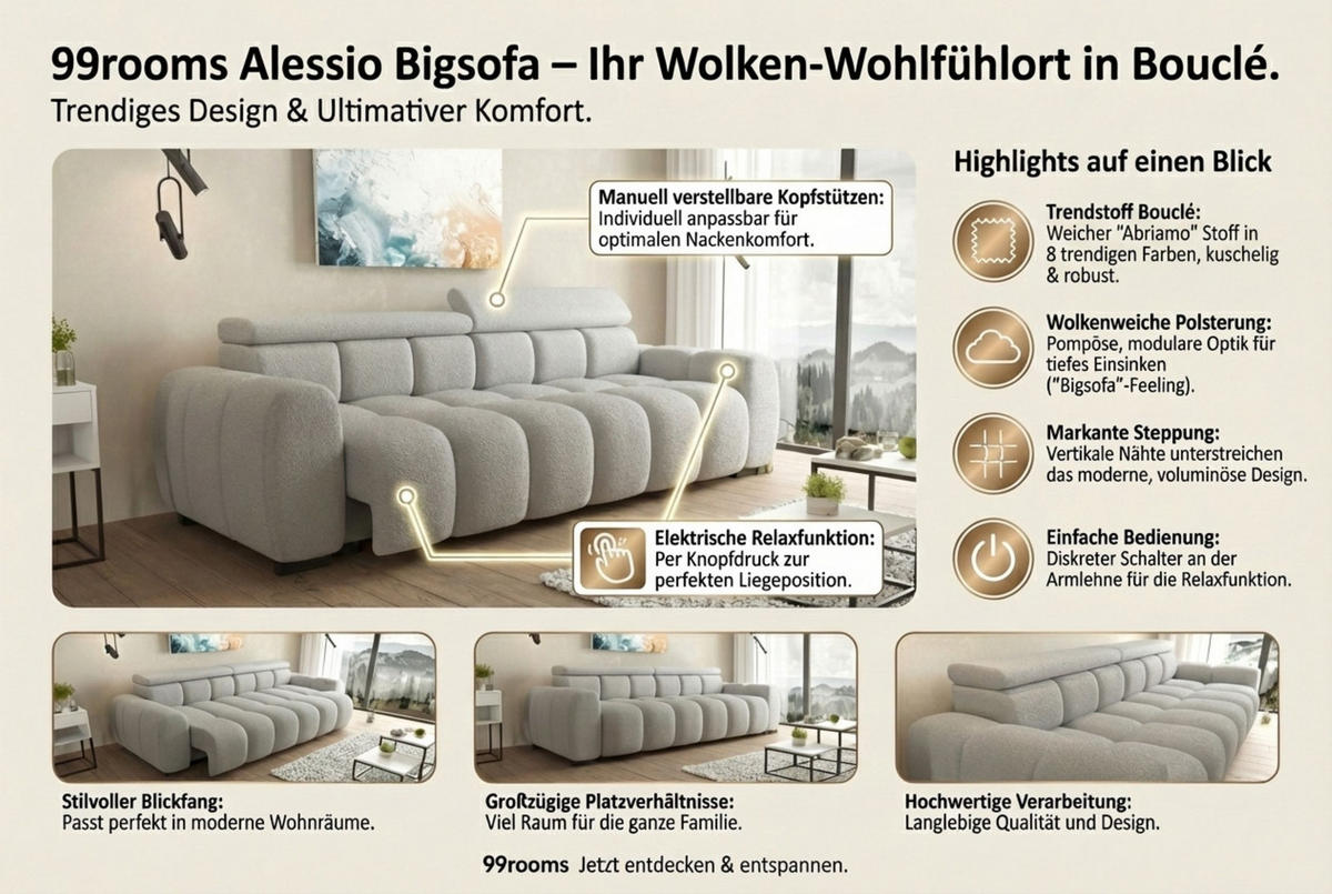 BIGSOFA ALESSIO Bouclé-Stoff Graphitfarben mit elektrischer Sitztiefenverstellung - Graphitfarben, Kunststoff/Textil (248/77/108cm) - 99rooms