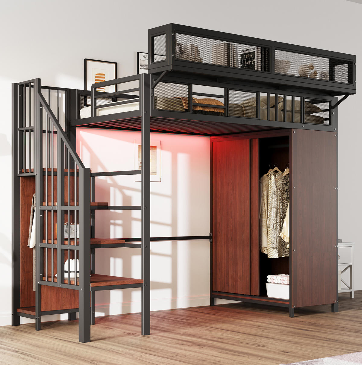 HOCHBETT 90/200 cm aus Metall/Holz mit Kleiderschrank, Stauraumleiter und LED-Beleuchtung Schwarz - Schwarz, Metall (90/200cm) - Modenvie