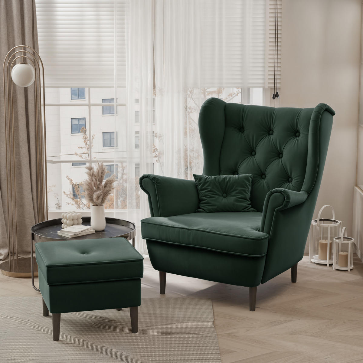 OHRENSESSEL SCANDI mit hocker, 75/60/103 cm, Grün - Waldgrün, Holz/Textil (75/103/60cm) - Idohome