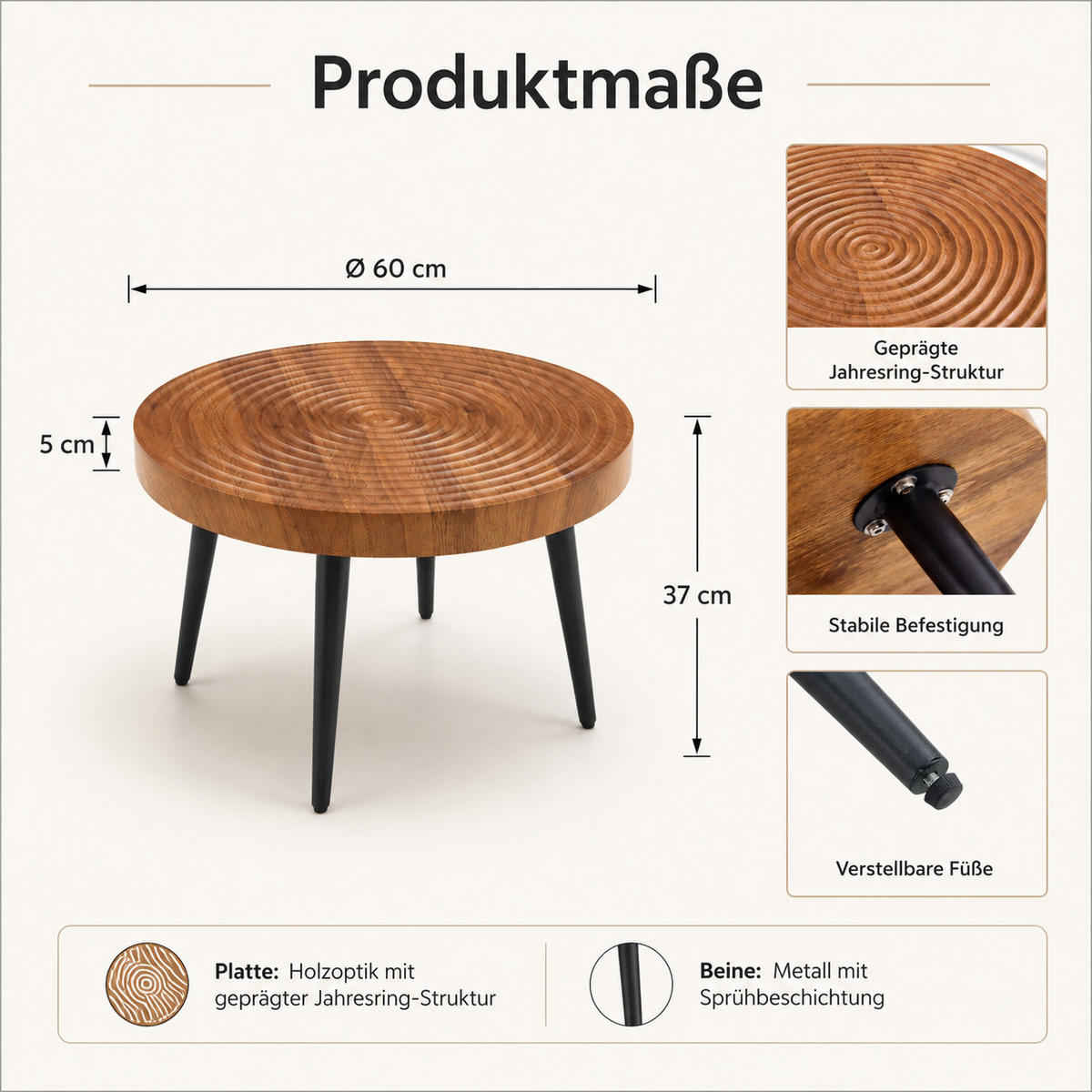 COUCHTISCH DE-37427 rund mit Jahresring-Optik Braun - Braun, Holz (60/60/37cm) - ComfortXL
