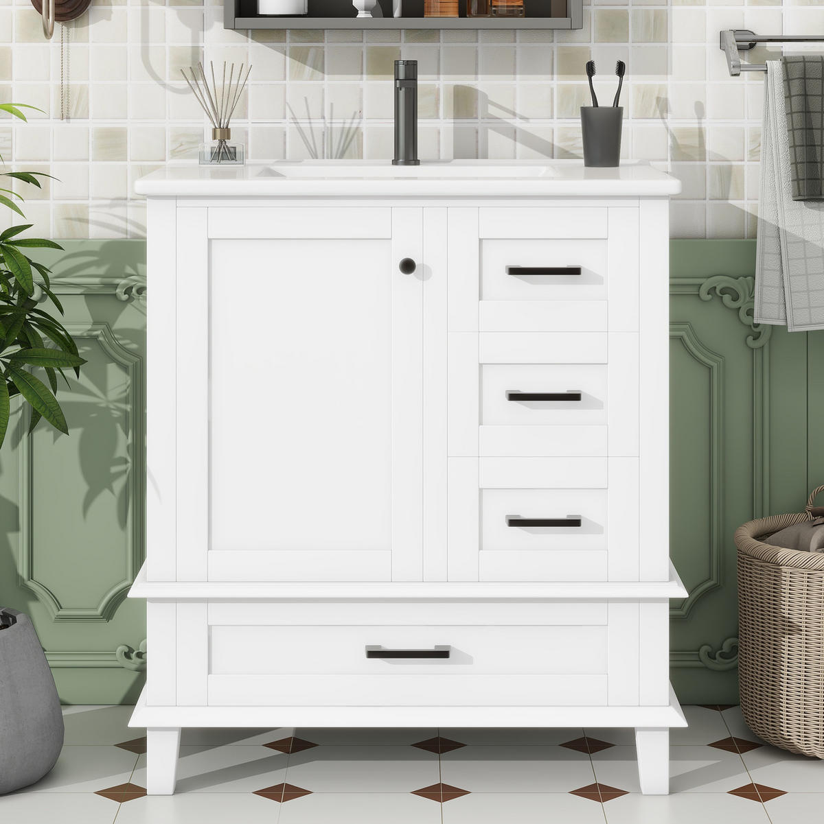 WASCHTISCHKOMBI 76/46/83,5 cm Weiß aus MDF und Keramik mit integriertem Keramikbecken - Weiß, Holzwerkstoff (76/83.5/46cm) - OKMYHOME
