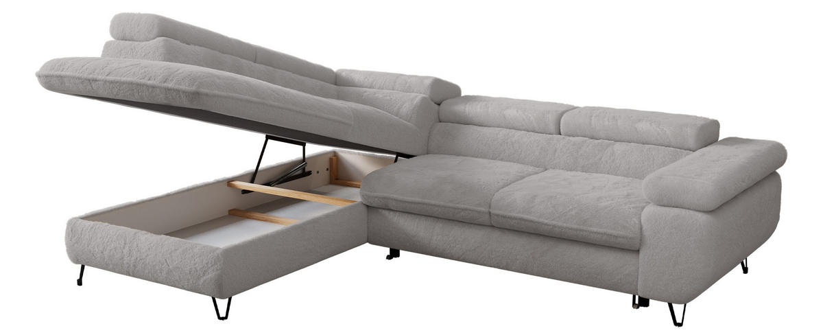 ECKSOFA PETER L Hellgrau Plüsch - Links Seite - Hellgrau/Schwarz, Textil/Metall (208/273cm) - MKS