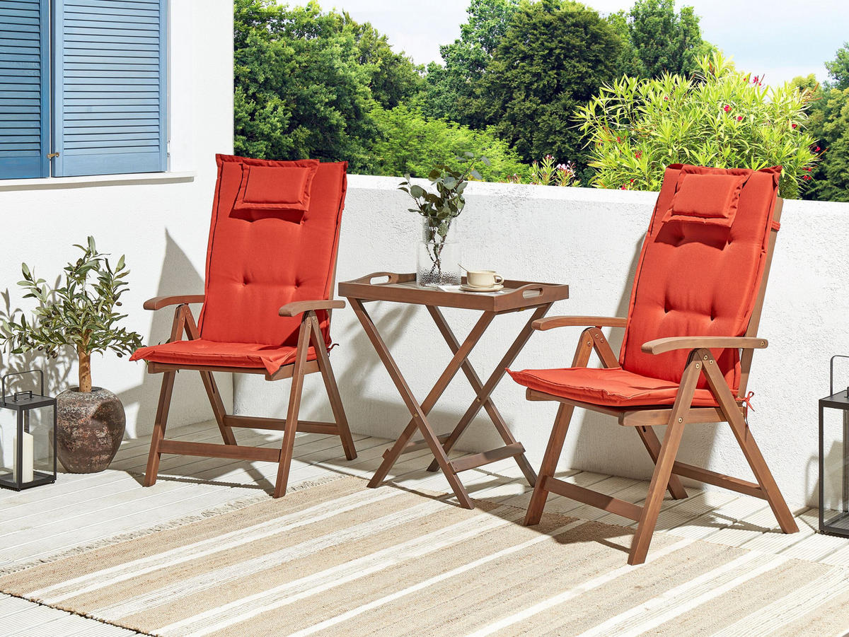 BALKONSET 2-Sitzer Akazienholz dunkelbraun verstellbar Auflagen rot Amantea - Dunkelbraun/Rot, Holz/Textil - Beliani