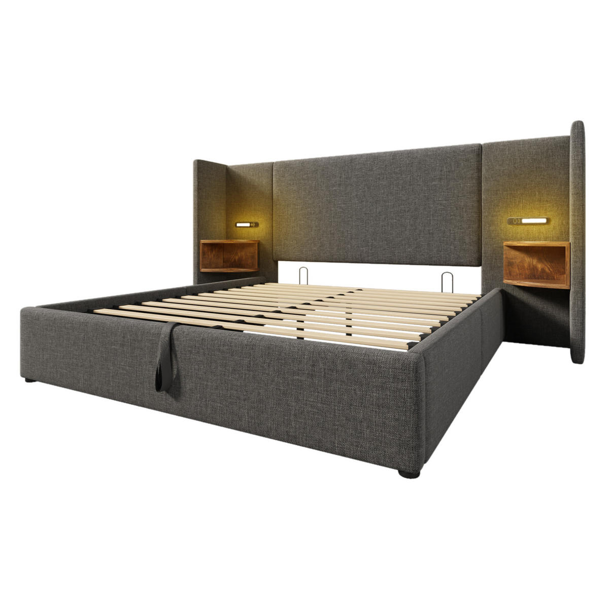 ČALÚNENÁ posteľ z ľanu 160x200 cm sivá s čítacím svetlom, USB a Type-C nabíjaním, úložným priestorom a matracom - sivá, textil (160/200cm) - Modfu