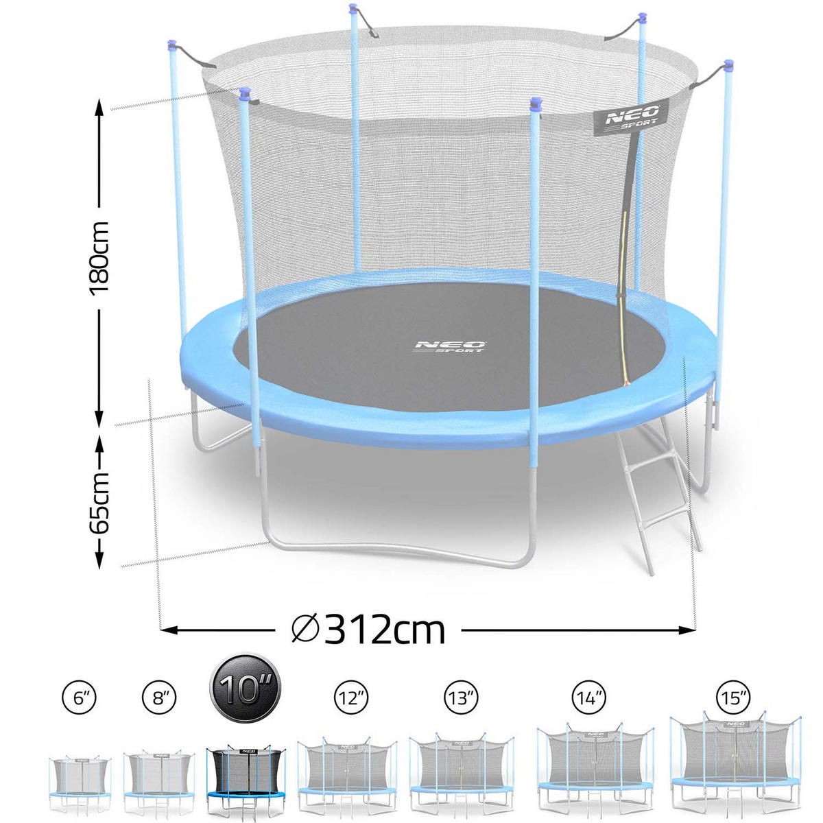 GARTENTRAMPOLIN 10 ft/312 cm mit Innengitter und Leiter - Blau, Metall (312/312cm)