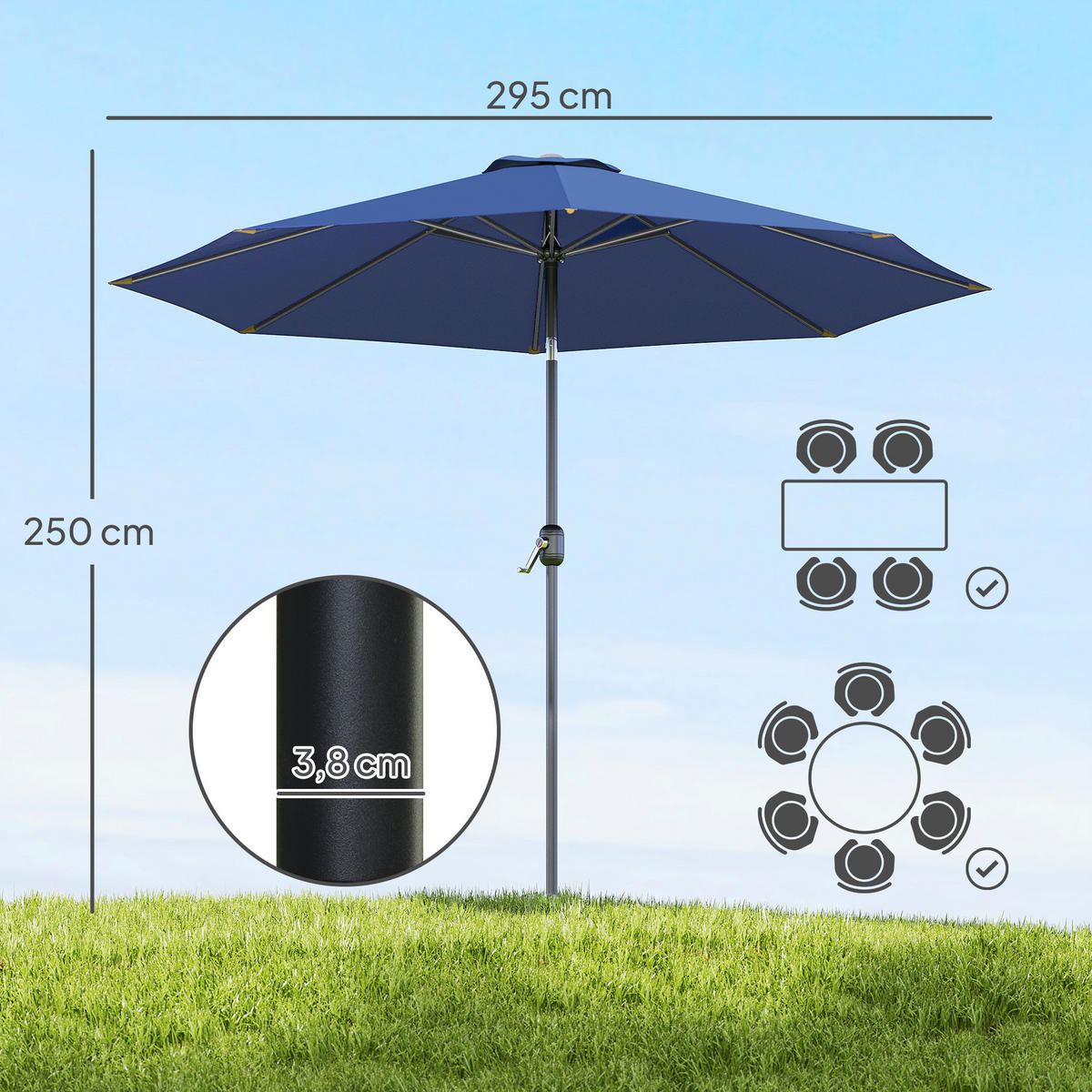 SONNENSCHIRM DE-11395 neigbar, mit Kurbel, Ø 3 m Blau - Blau, Metall (295/295cm) - ComfortXL