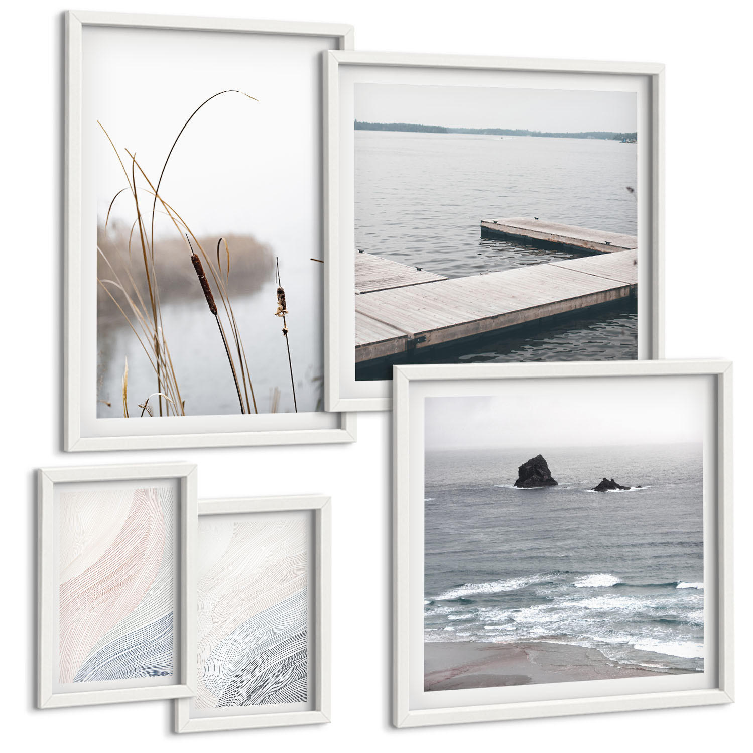 BILDER SET 5er Set - 50x50 cm & 20x30 cm & 40x60 cm Weißer Rahmen - Abstrakte Pastellwellen - Weiß, Kunststoff (40/60cm) - TULUP