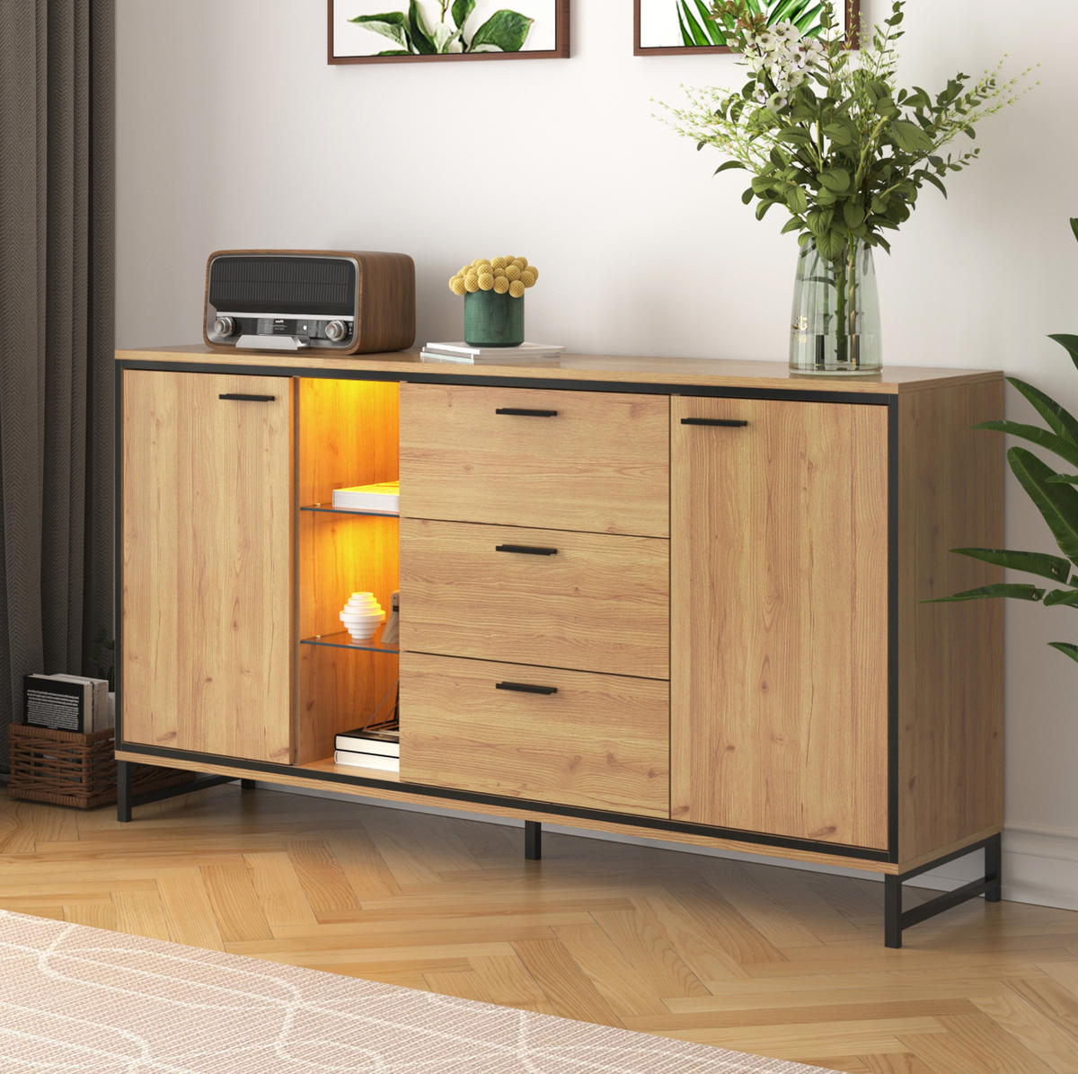 KOMMODE aus Spanplatte 160x40x85cm in Natur mit 16-farb LED - Naturfarben, Holzwerkstoff (160/85/40cm) - Modfu