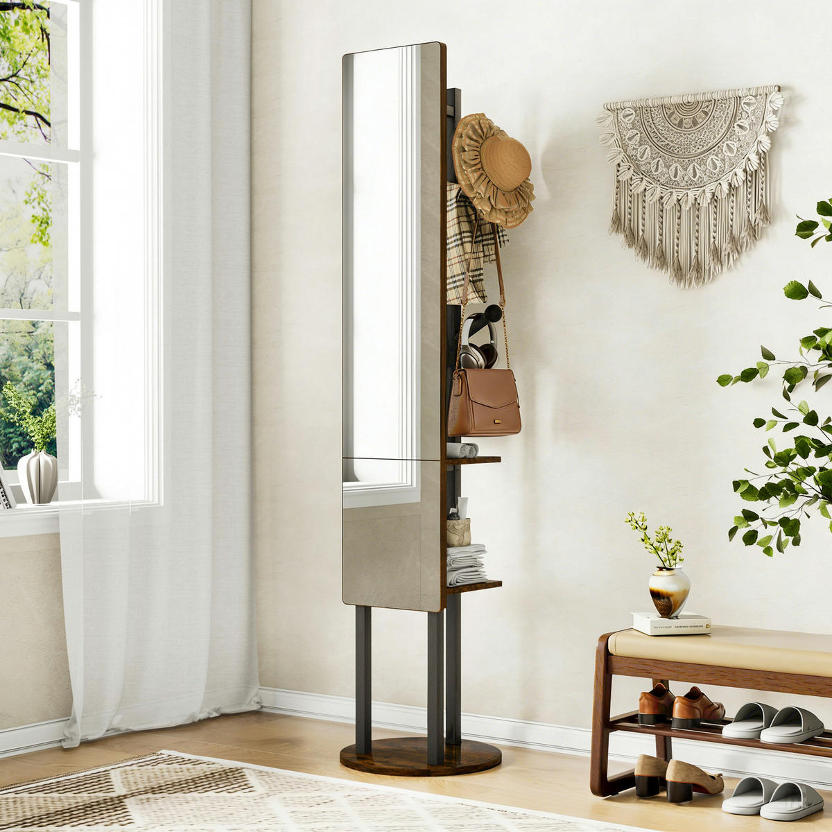 STANDGARDEROBE mit Spiegel 40/40/174 cm in Schwarz/Braun, drehbar - Schwarz, Holzwerkstoff (40/174/40cm) - BEAOK