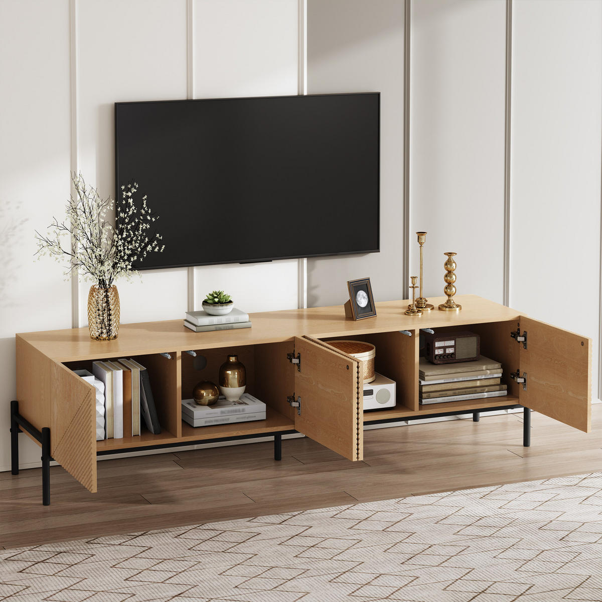 TV-LOWBOARD 163,5 x 40 x 45 cm, 4 Türen, 3D-Front, Metallfüße, modernes Design, Natur - Naturfarben, Holzwerkstoff (163/45/40cm)