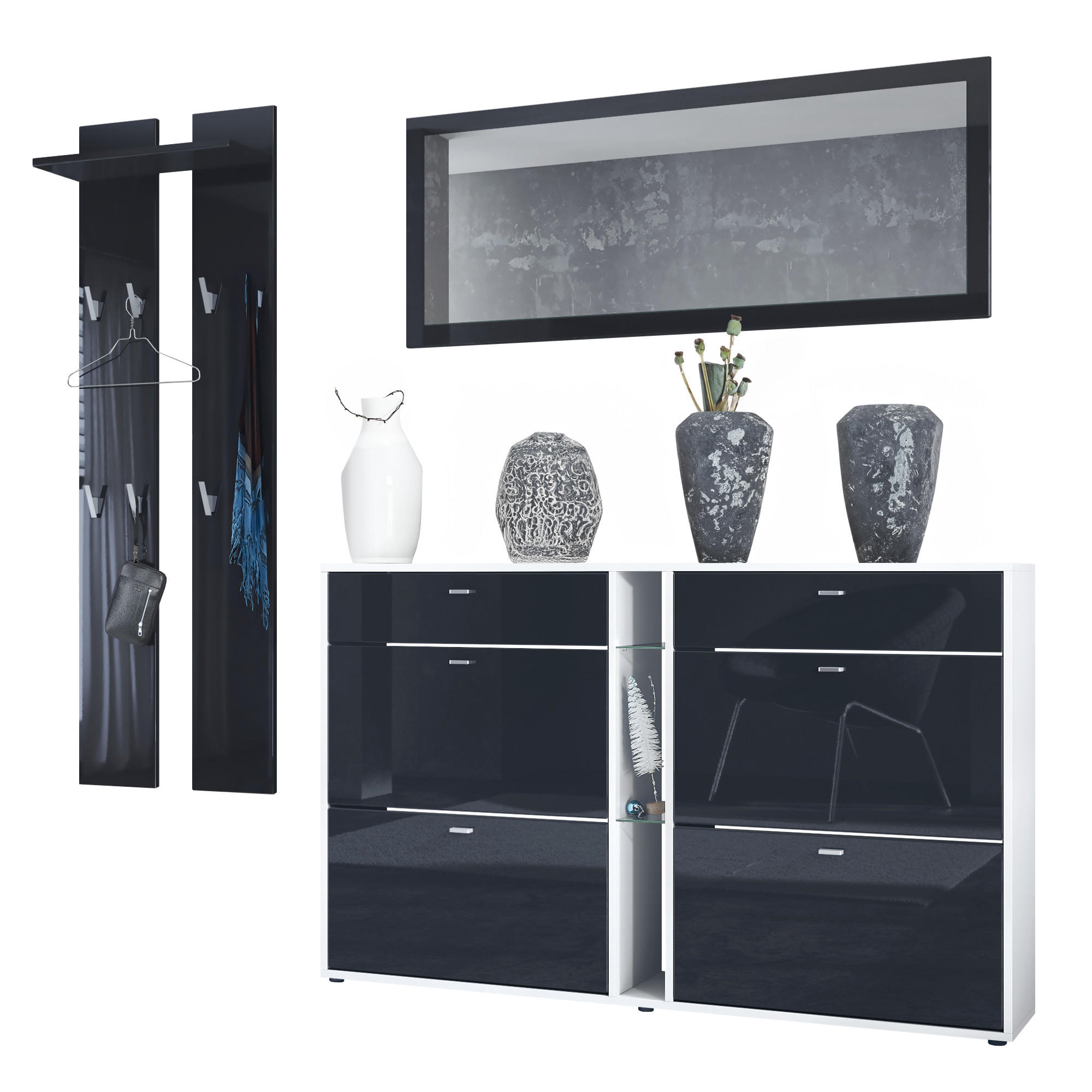 GARDEROBE Orlando Schwarz Hochglanz - Schwarz Hochglanz, Holzwerkstoff (215/210/28cm) - Vladon