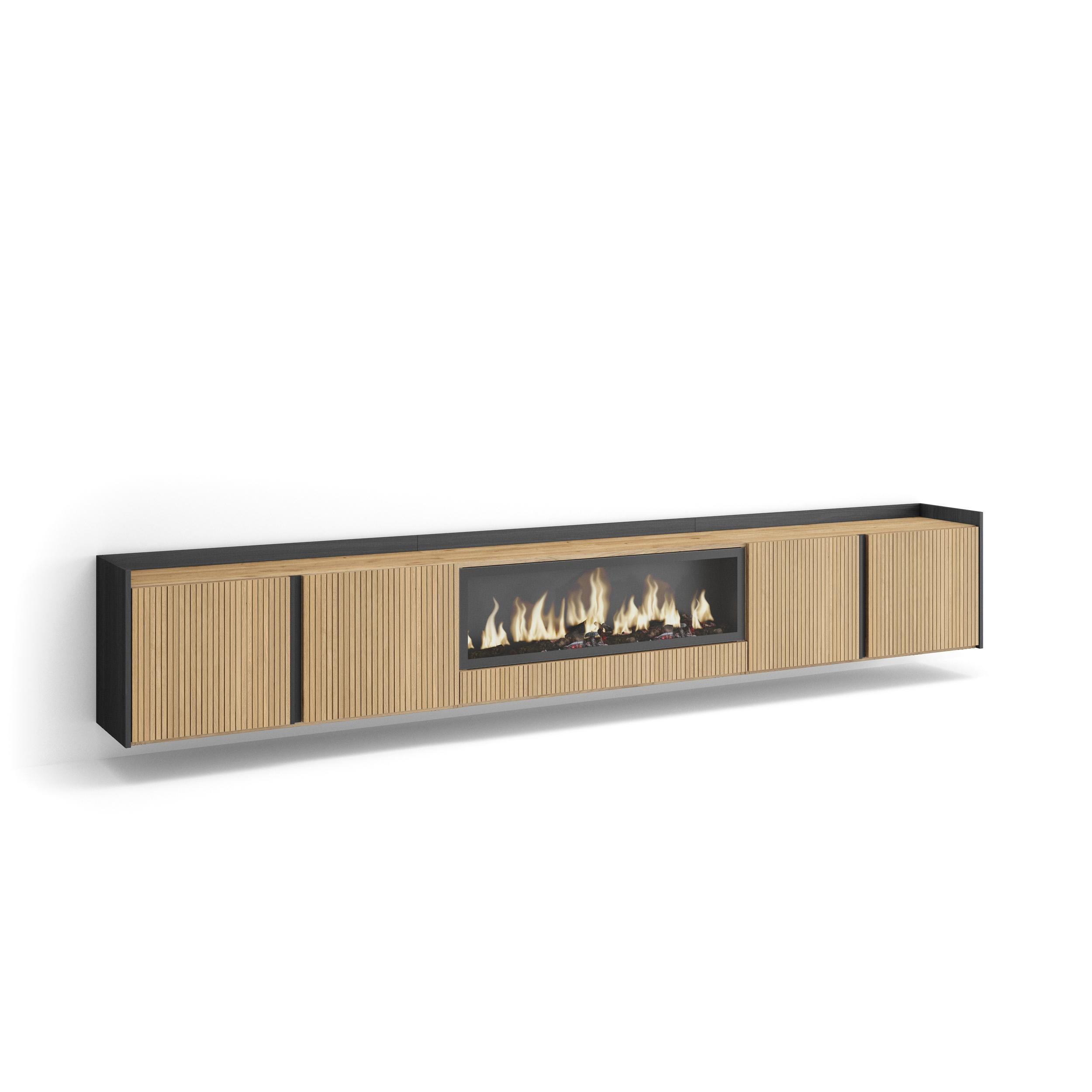 LOWBOARD, Eiche und Schwarz, 315/35/50cm, Elektrokamin XXL, Hängend - Eichefarben, Holzwerkstoff (315/50/35cm) - Skraut Home