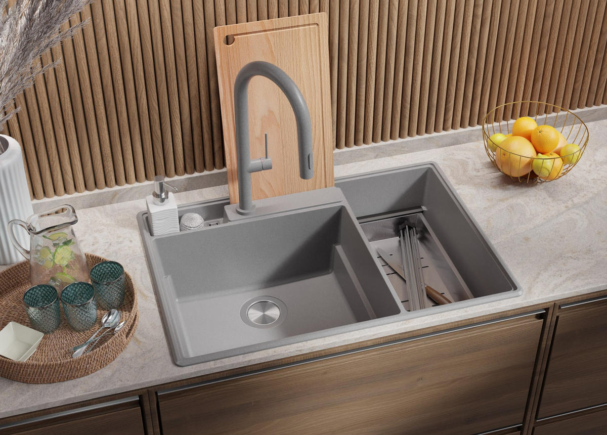 SPÜLBECKEN Paris, 2-er set Grau 78/53 cm 2 Becken + Ablauf-Set + Küchenzubehörset ab 80er Unterschrank - Chromfarben/Edelstahlfarben, Kunststoff (78/20/53cm) - Primagran