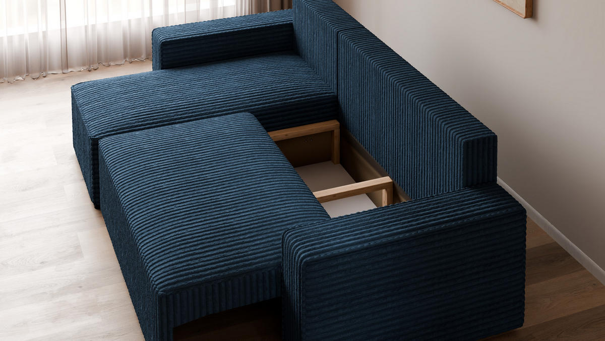 ECKSOFA Tobi mit Bettkasten und Schlaffunktion, L-Form, Cordstoff, Universal - Dunkelblau, Holzwerkstoff (246/145cm) - 4ALL HOME