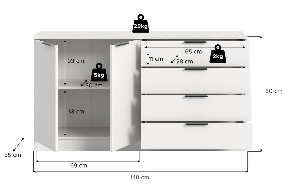SIDEBOARD weiß 148 x 80 cm, Kommode mit viel Stauraum - Schwarz/Weiß, Holzwerkstoff/Kunststoff (148/80/35cm) - Inn.Furn