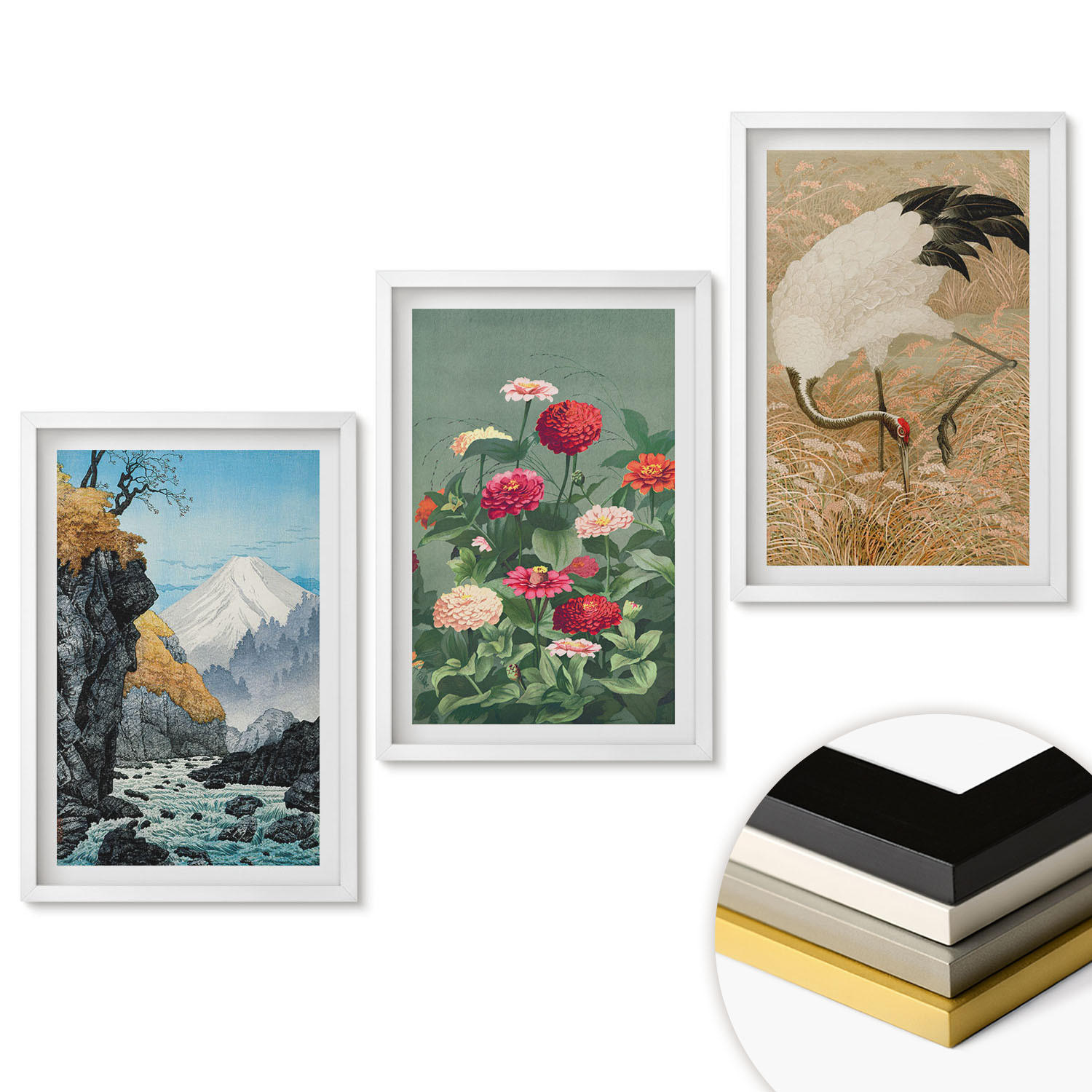 WANDBILDER 3er-Set - 40x60 cm Weißer Rahmen - Berglandschaft, Fluss, Blumen, Kraniche - Weiß, Kunststoff (40/60cm) - ArtPrintCave