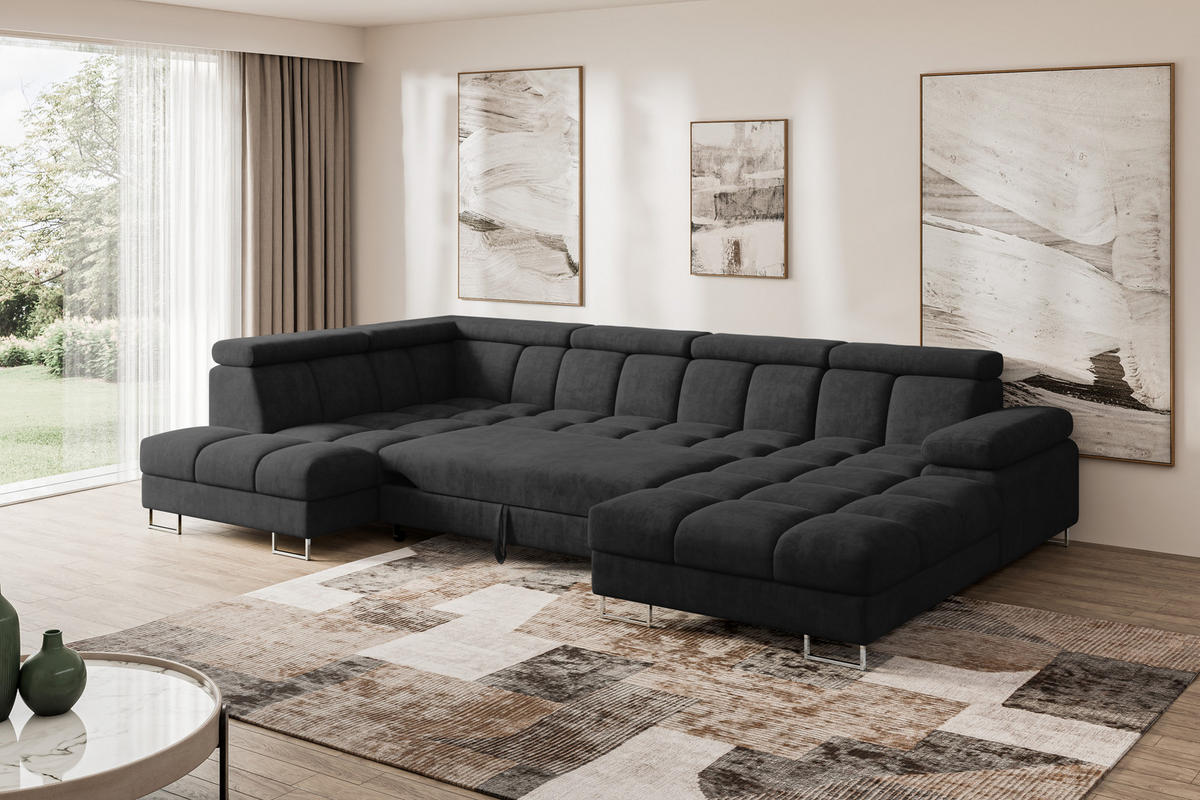 WOHNLANDSCHAFT mit Schlaffunktion und Bettkasten Ottomane Links COMA U 345x203x79 Schwarz Velours - Schwarz, Holzwerkstoff/Textil (345/79/203cm) - ALTDECOR