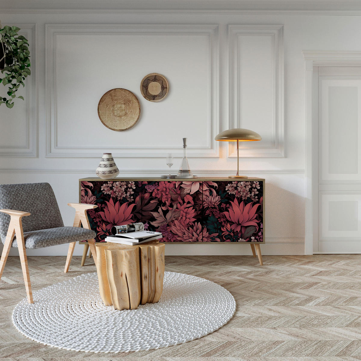 SIDEBOARD FLORAL WHISPER, Eicheneffekt, 164,5x42x77,5 cm, 3 Türen - Eichefarben/Buchefarben, Holzwerkstoff/Buchenholz (164.5/77.5/42cm) - SpaceRebels