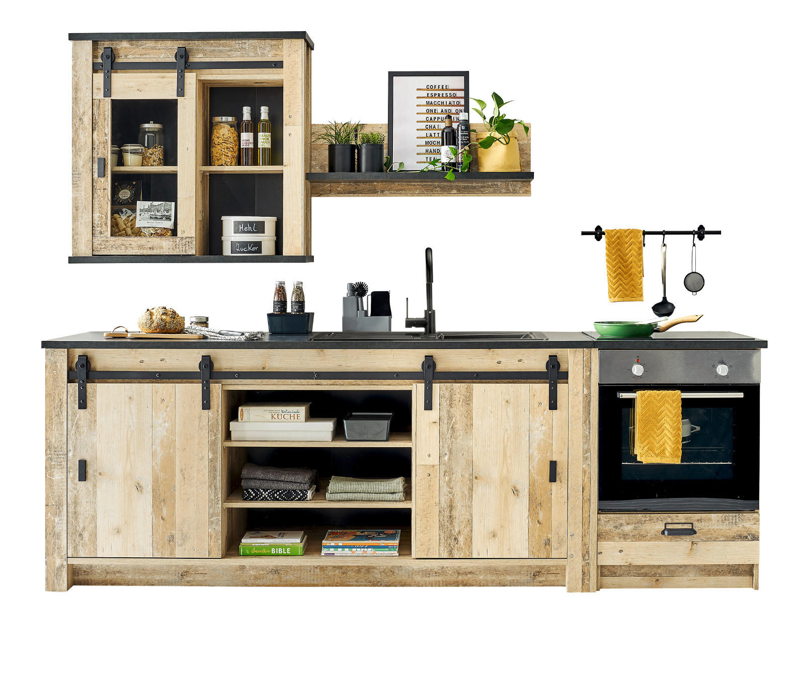 KÜCHENZEILE in Used Wood, anthrazit 204 cm, Küchenschrank Set mit Soft-Close - Anthrazit/Schwarz, Glas/Holzwerkstoff (264/200/64cm) - Furn.Design