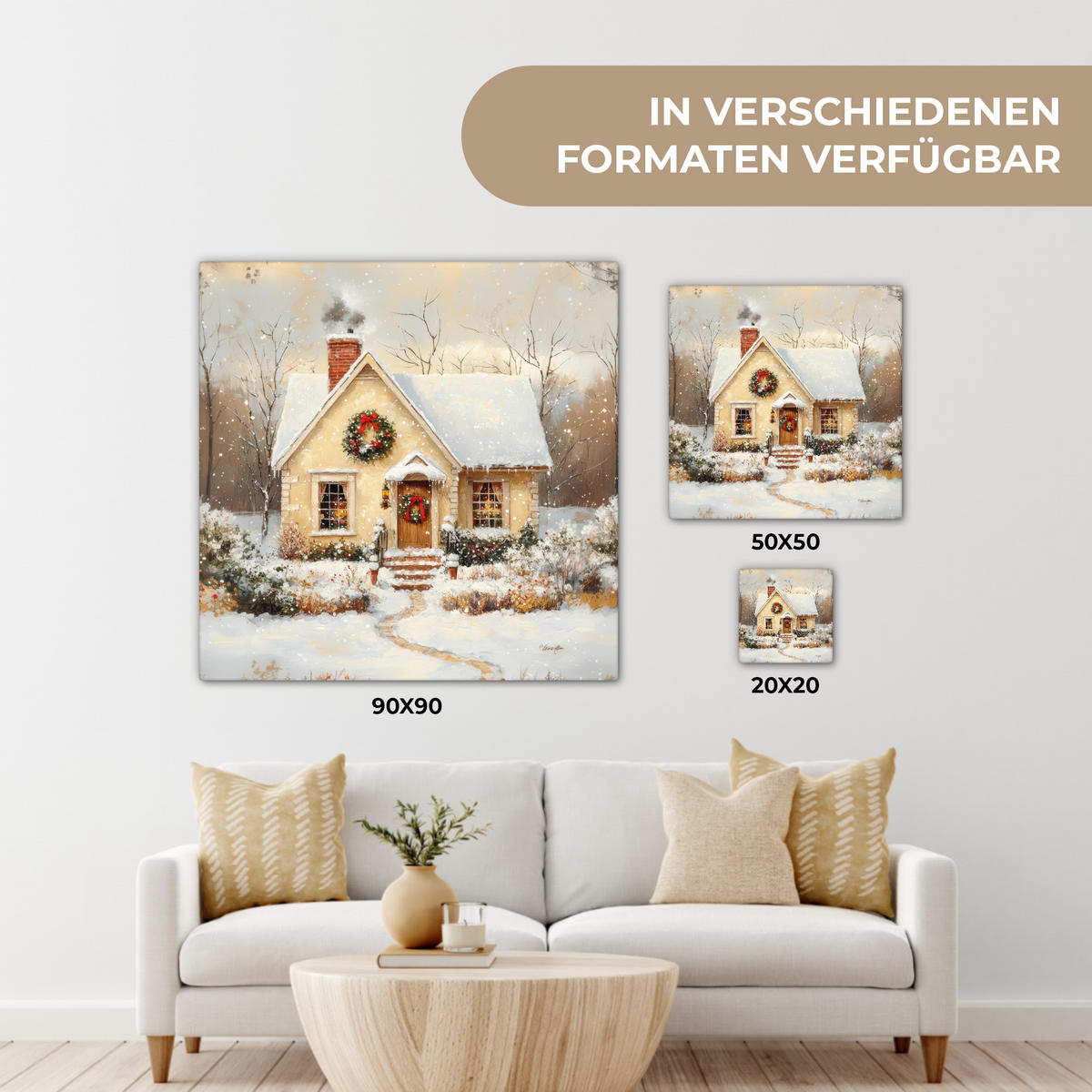LEINWANDBILD Weihnachten - Zuhause - Winter - Schnee 50x50 cm - Creme, Textil (50/50cm) - MuchoWow