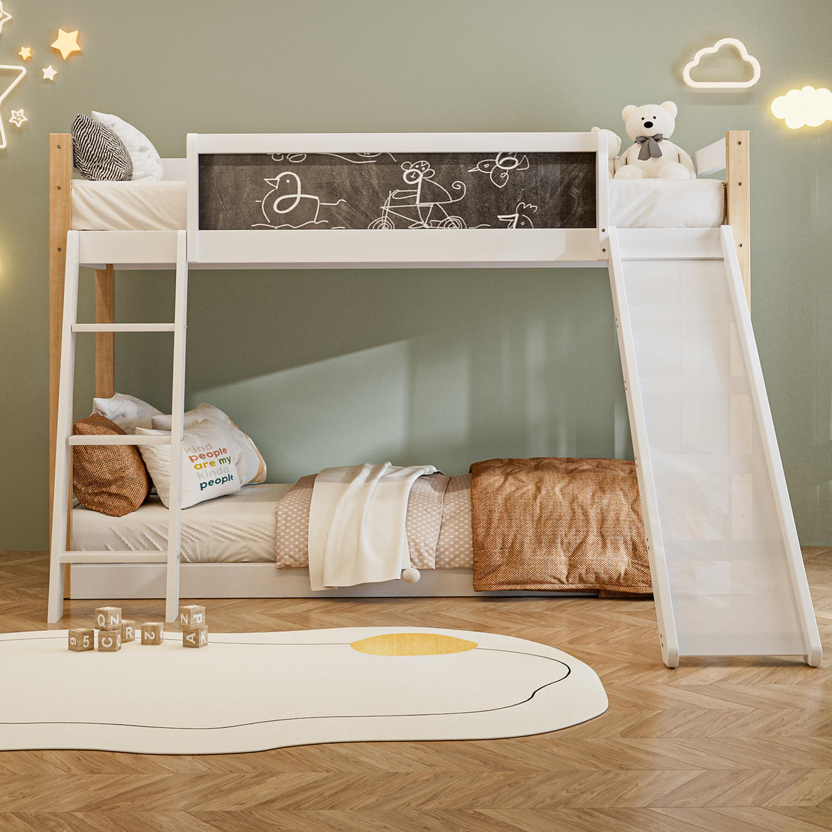 ETAGENBETT 200 x 90cm in Weiß mit Treppe und Rutschen - Weiß, Holz (90/200cm) - KOMHTOM