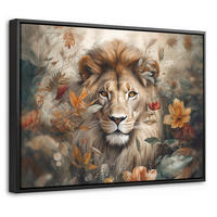 LEINWAND Bilder mit Rahmen - Löwe - Wildtiere - Pflanzen - Natur - Blumen - 40x30 - Beige, Textil (40/30cm) - MuchoWow