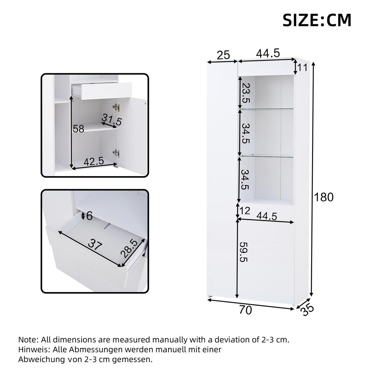VITRINE 70/35/180 cm aus Spanplatte mit LED-Beleuchtung und Hochglanzfront Weiß - Weiß, Holzwerkstoff (70/180/35cm) - Modenvie