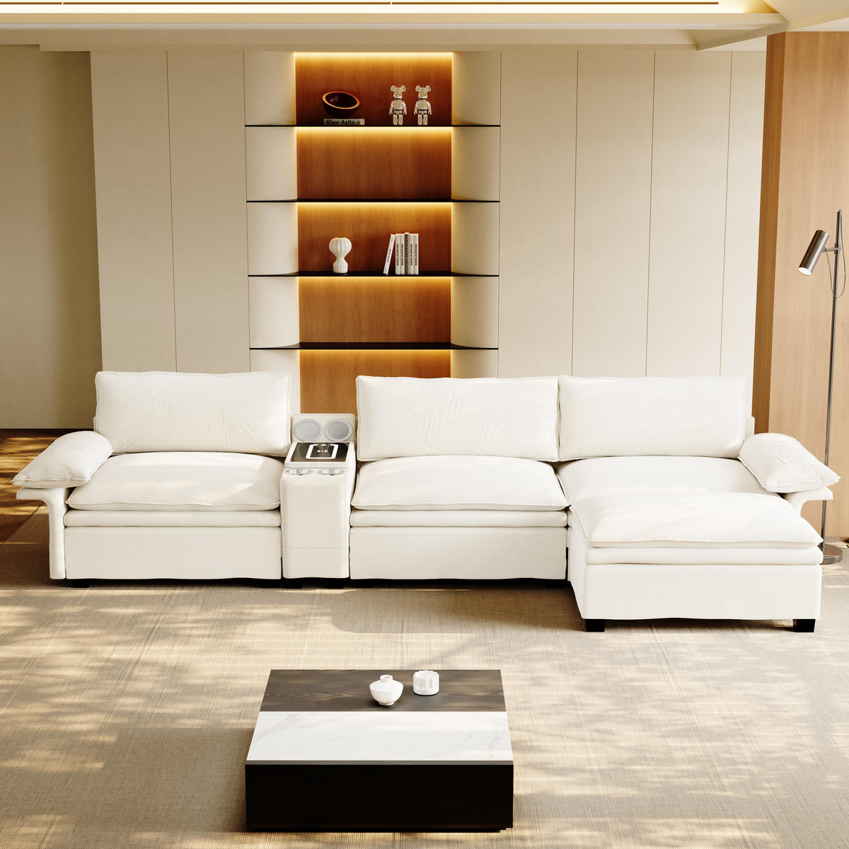4-SITZER ECKSOFA Chenille Beige mit Stauraum, LED und Bluetooth-Lautsprechern - Beige, Holzwerkstoff/Textil (315/70cm) - WISHDOR