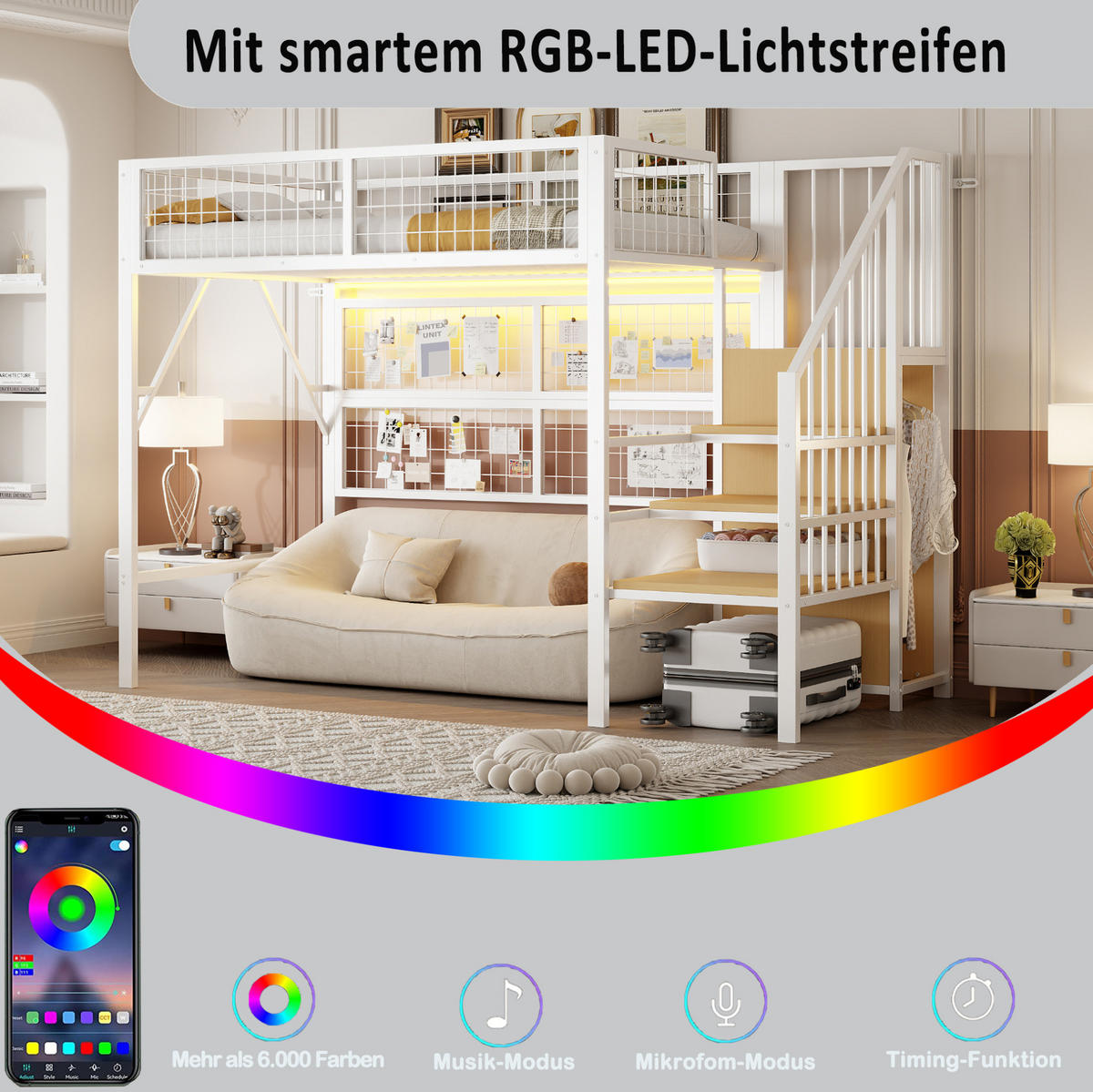 HOCHBETT 90/200 cm aus Metall mit LED-Beleuchtung und Stauraum, Weiß - Weiß, Metall (90/200cm) - Flora Grace