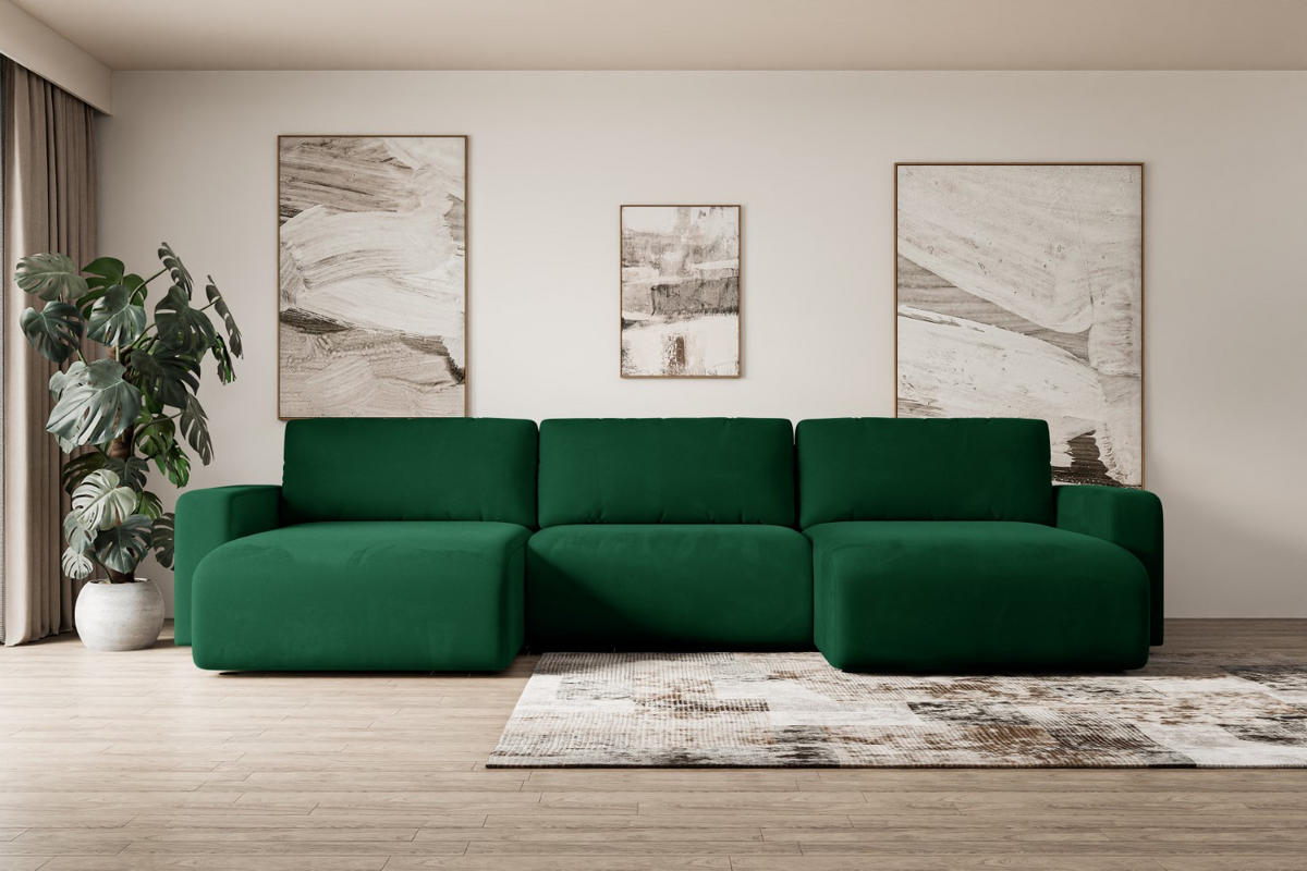 WOHNLANDSCHAFT mit Schlaffunktion und Bettkasten KLEEA-U - 347x143x83 cm Grün Velours - Schwarz/Grün, Holzwerkstoff/Kunststoff (347/83/143cm) - ALTDECOR