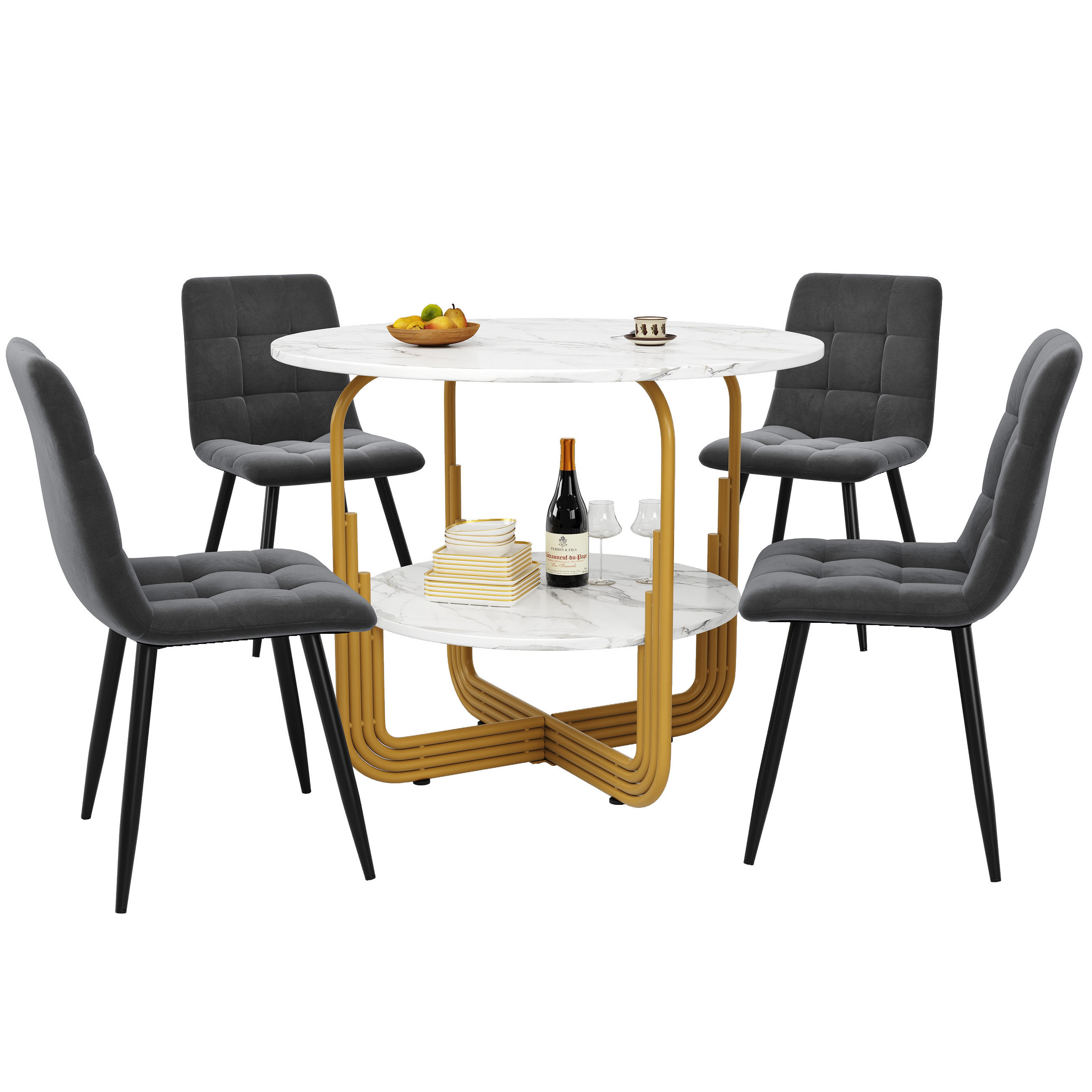 ESSTISCHSET 5-Teilig Rund 80 Cm, MDF Marmor, 4 Graue Stühle, Gold - Multicolor, Holzwerkstoff (86.51/10.01/91.49cm) - FLIEKS