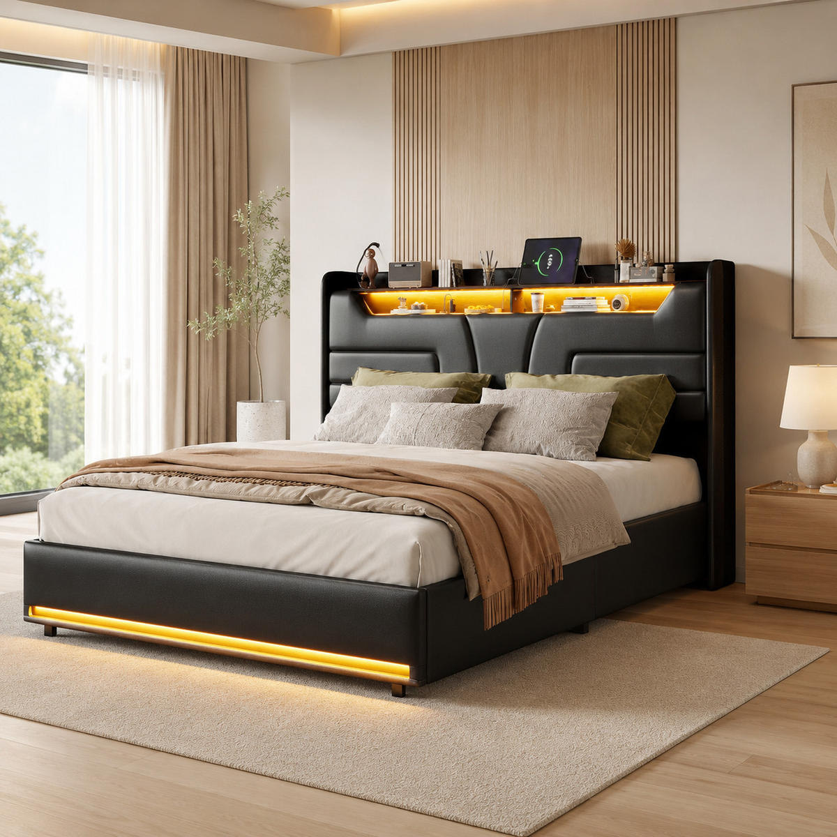 POLSTERBETT 140/200 cm mit LED‑Beleuchtung & USB‑Ladestation, modernes Bett mit Stauraum‑Kopfteil, schwarzes Kunstlederbett für Schlafzimmer - Schwarz, Holz/Metall (140/200cm) - Joyfair