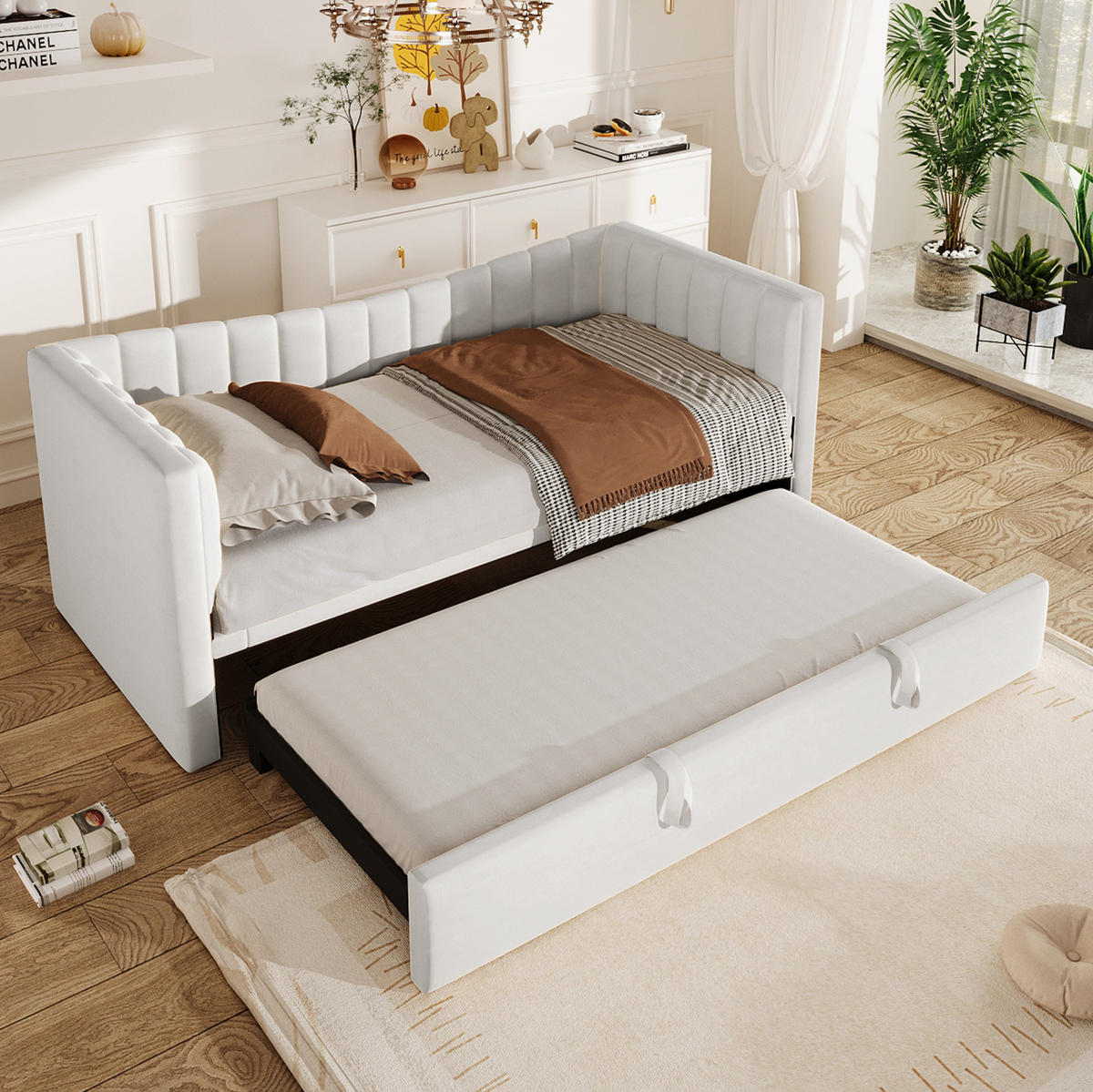 POLSTERBETT 90/200 cm weiß aus Samt mit Ziehbett - Weiß, Textil (180/200cm) - OKMYHOME