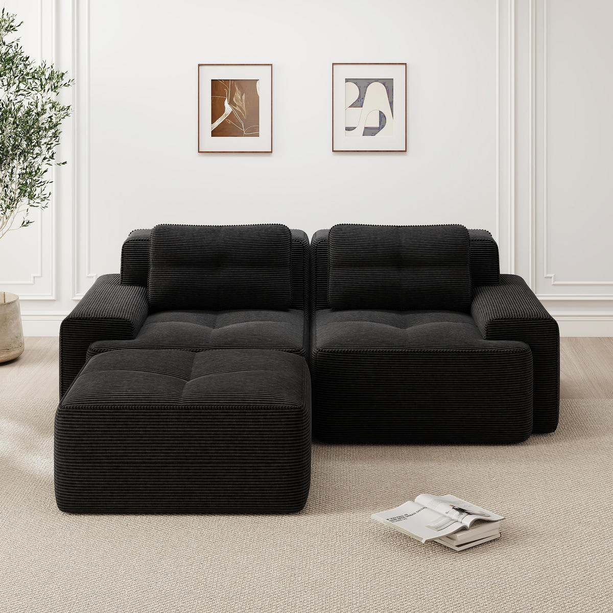 ECKSOFA Cord Schwarz - Schwarz, Textil (204/177cm) - WISHDOR