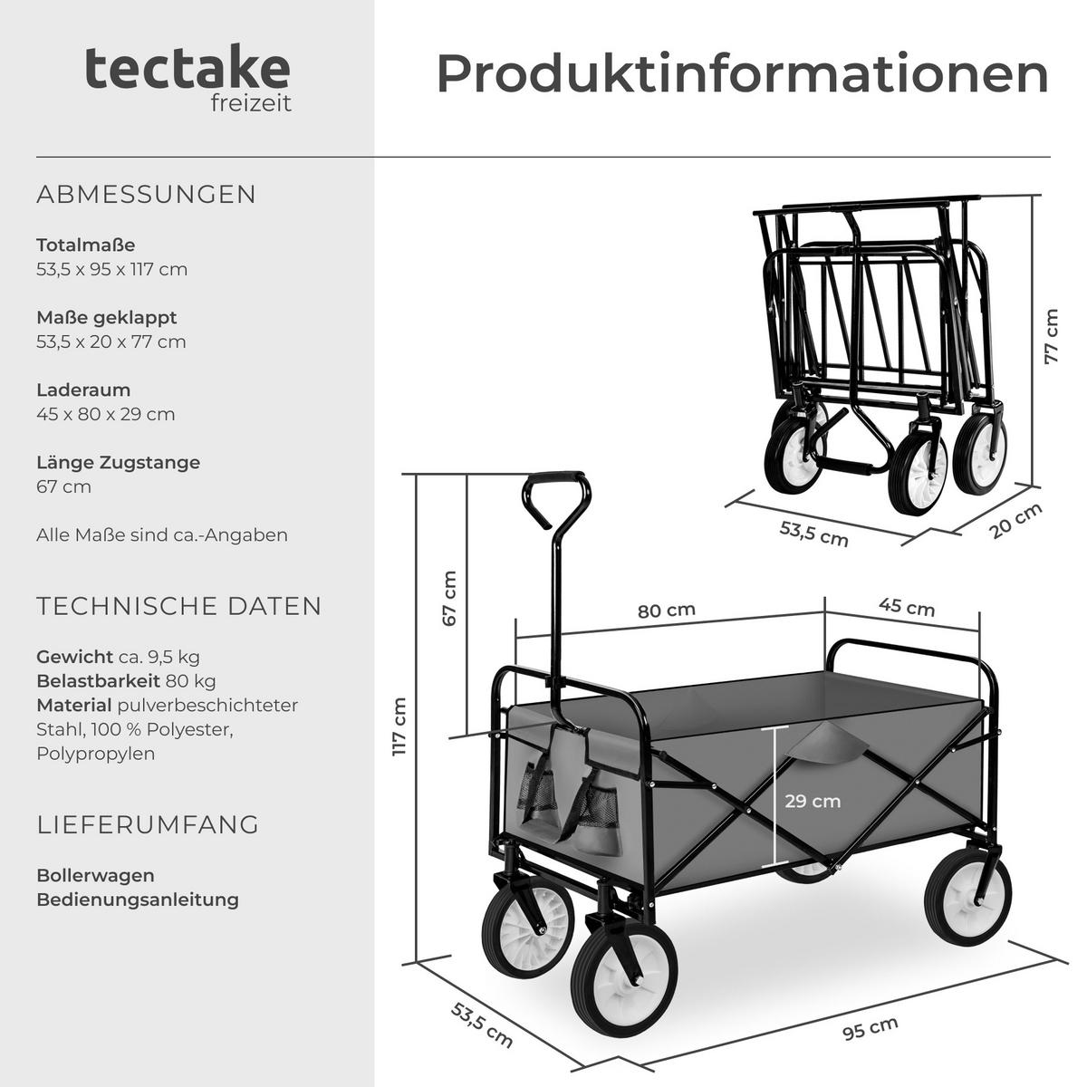 BOLLERWAGEN , Belastbarkeit 80 kg, grau - Grau, Textil (53.5/117/95cm) - tectake