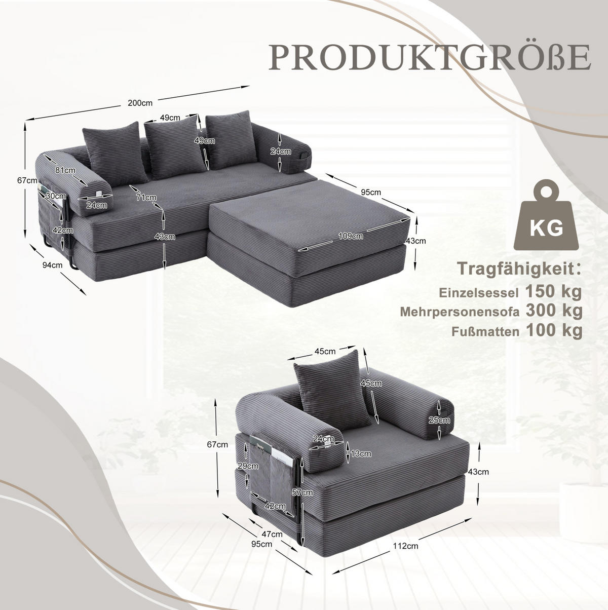 SOFA modular 3-tlg. 200 x 94 x 67 cm Cord Dark Gray - Dunkelgrau, Kunststoff (190/67/312cm) - Meubliv
