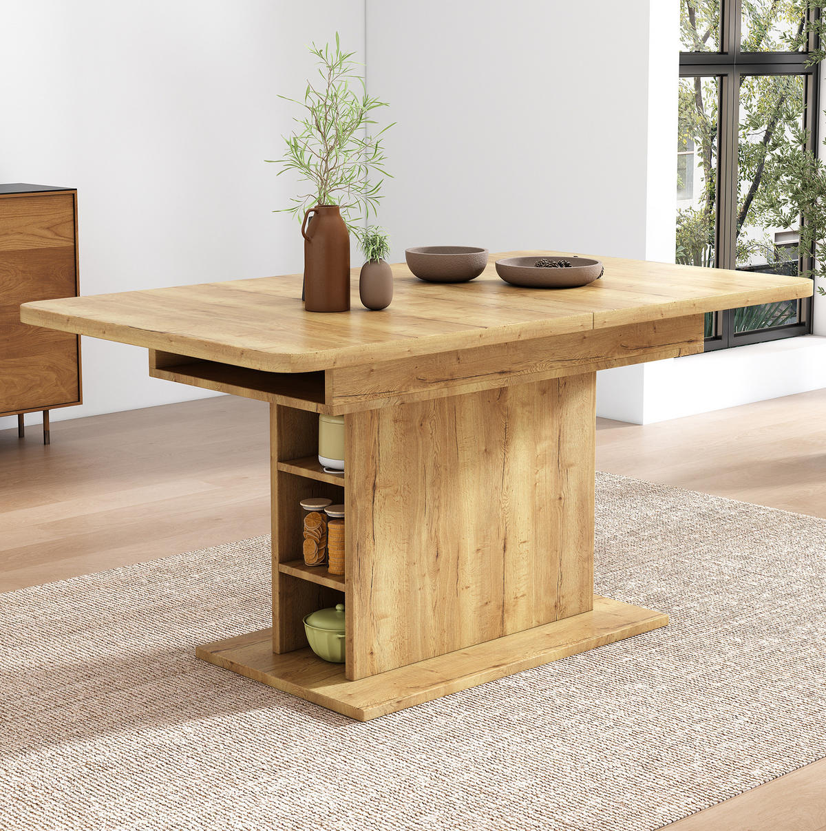 ESSTISCH 130/70/75 cm natur aus Spanplatte mit ausziehbarer Tischplatte und Stauraum - Naturfarben, Holzwerkstoff (130/70/75cm) - OKWISH