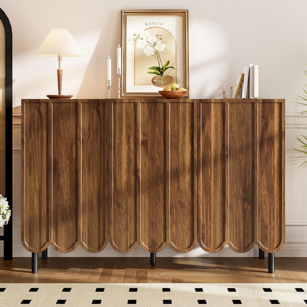 SIDEBOARD Holzoptik, gewellte Türen, für Wohnraum - Kastanienfarben, Holz (120/80/35cm)