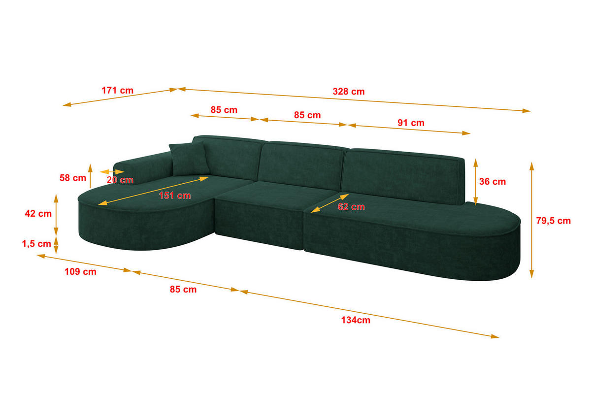 ECKSOFA Ottomane Links MARI-L2 - 328x171x79 cm Grün Velours - Schwarz/Grün, Holzwerkstoff/Kunststoff (328/171cm) - ALTDECOR
