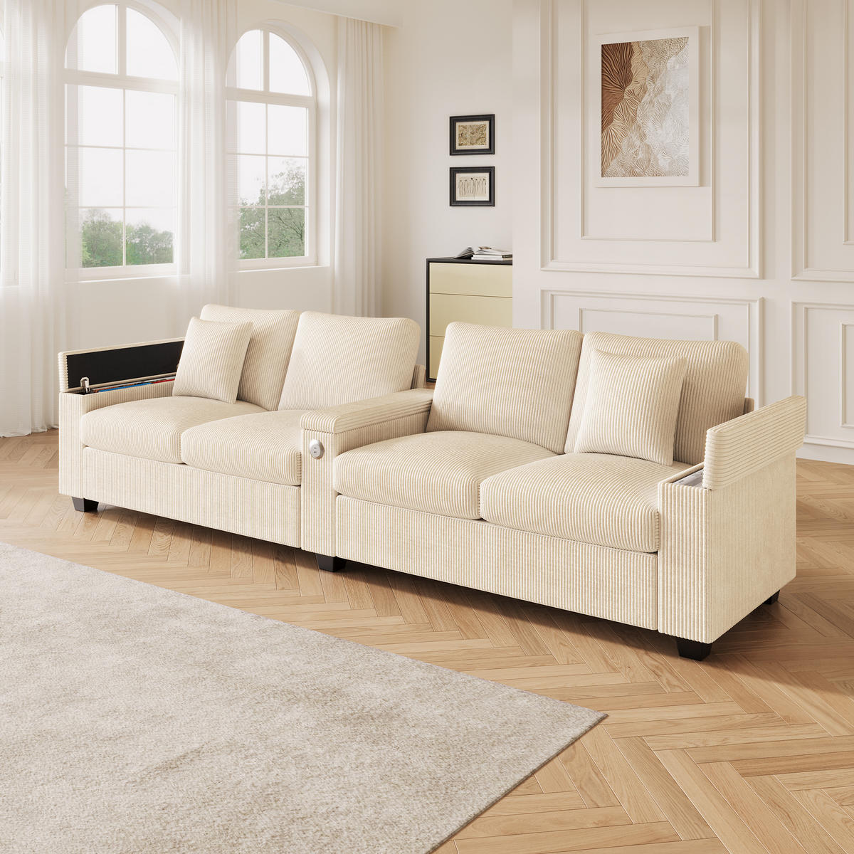 4-SITZER SOFA Cord Beige mit USB, USB-C und Stauraum - Beige, Holzwerkstoff/Kunststoff (299/82.7/80cm) - WISHDOR