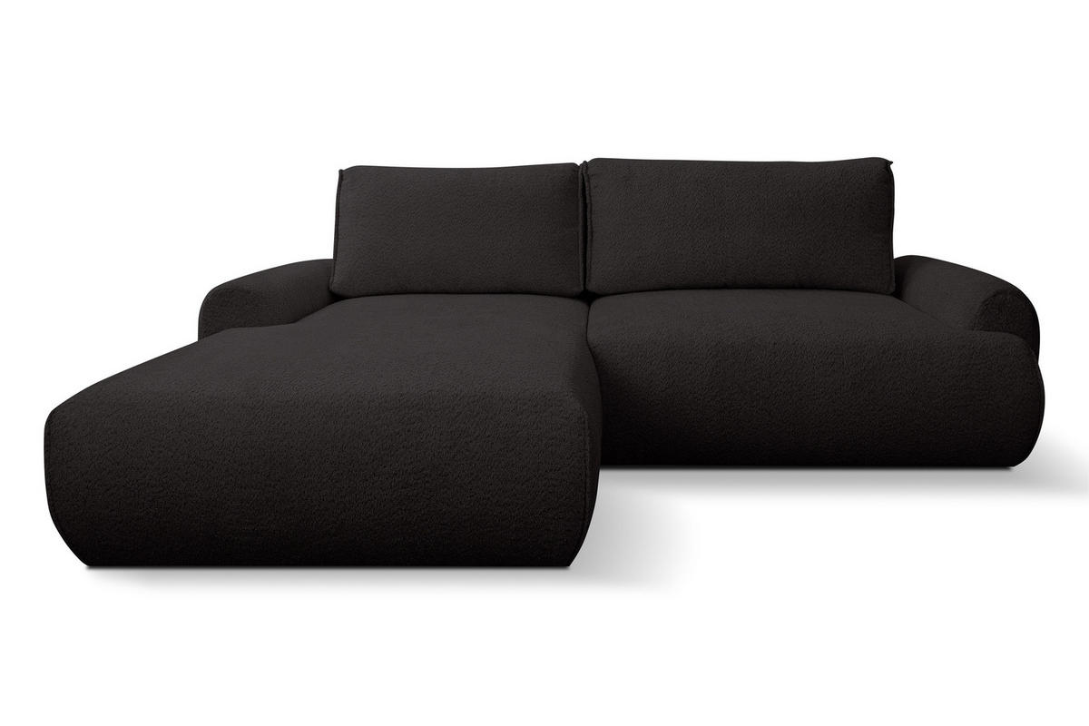 ECKSOFA Moon in L-Form mit Schlaffunktion und Bettkasten, Farbe: Schwarz, Bouclé-Stoff, Ottomane Links - Schwarz, Textil (136/260cm) - VENASI MÖBEL