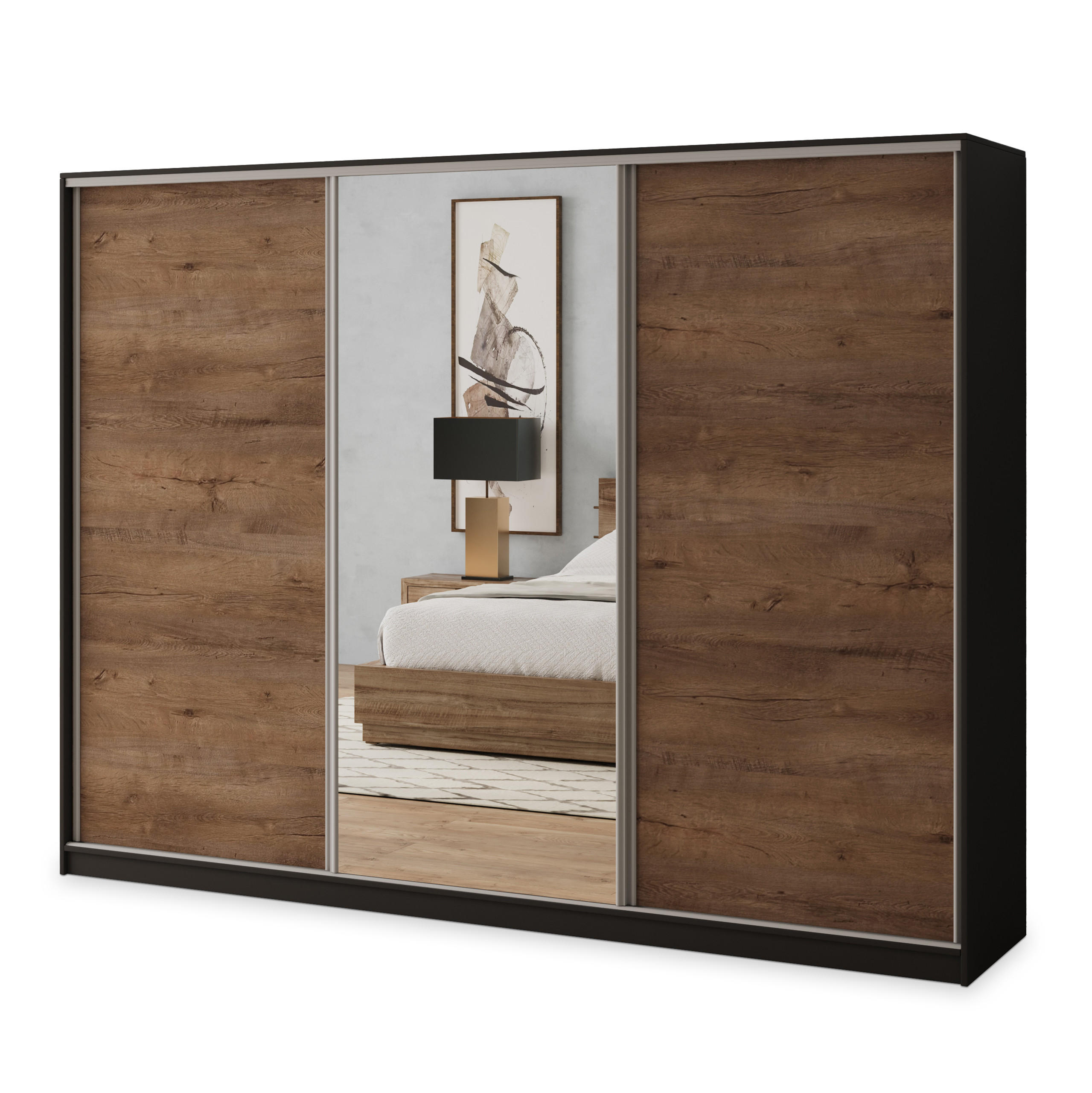 SCHWEBETÜRENSCHRANK SORE 250/205/58 cm 3-türig mit Spiegel und Schubladen Schwarz / Eiche Lefkas - Eichefarben/Silberfarben, Holzwerkstoff (250/205/58cm) - MASSENO